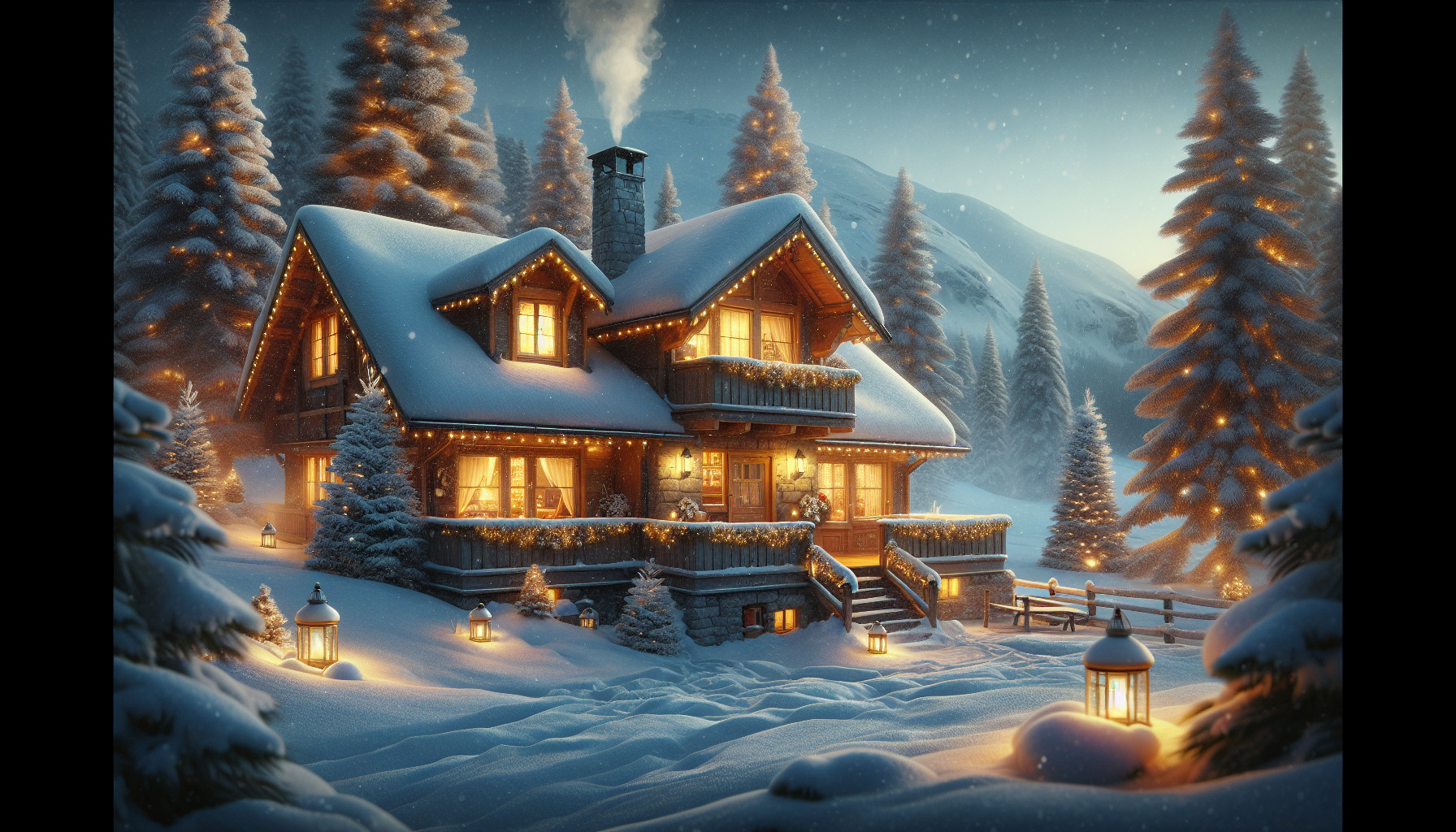 A peaceful snowy Christmas chalet at dusk, warm golden lights glowing from the windows, surrounded by tall pine trees covered in fresh snow. Soft falling snowflakes, smoke rising from a stone chimney, a warmly lit wooden porch, soft lanterns, and gentle ambient light reflecting on the snow. Mountain silhouettes in the background, cozy winter atmosphere, cinematic style, ultra-detailed, 16:9 widescreen wallpaper.
