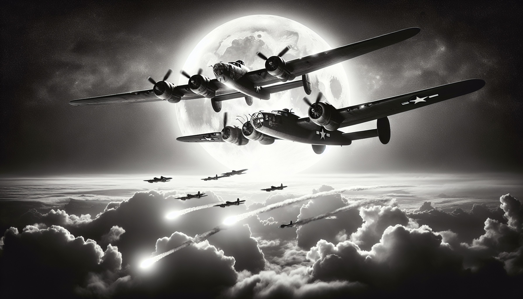 2 American B-24 Liberators flying in formation, dropping bombs at night with a full moon in the background  