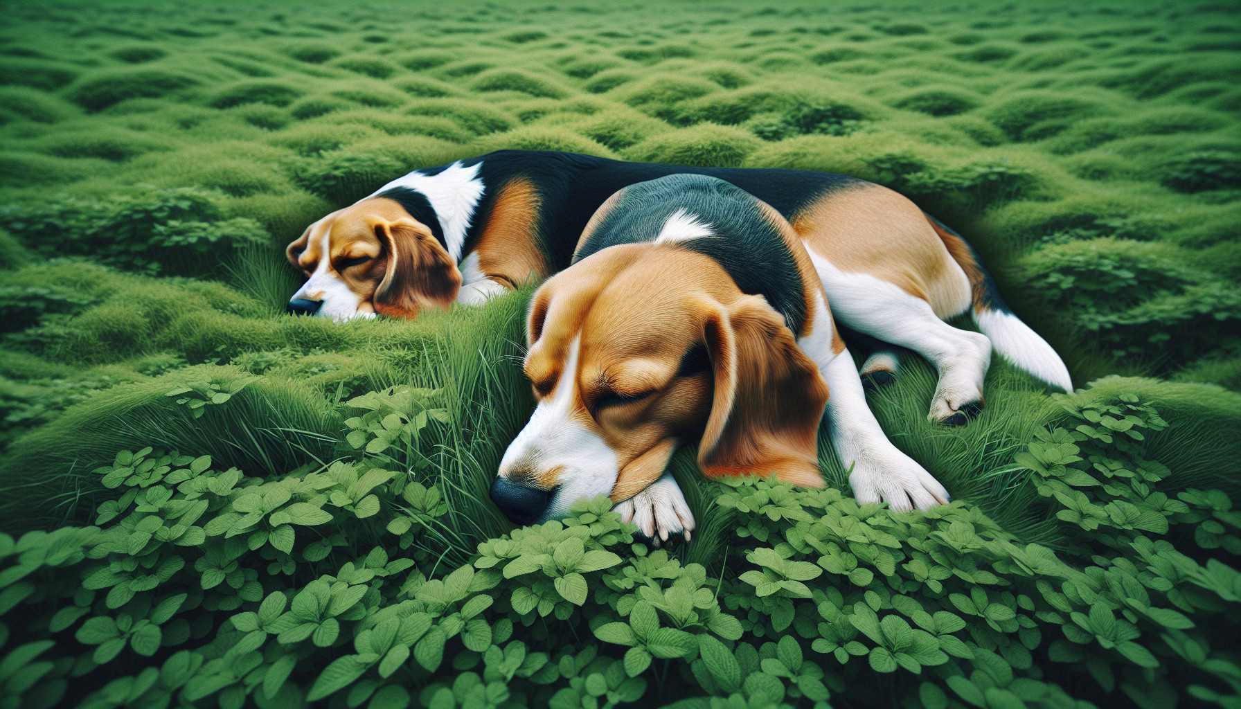 2 tri color beagles in a grass field, one is sleeping, the other sitting