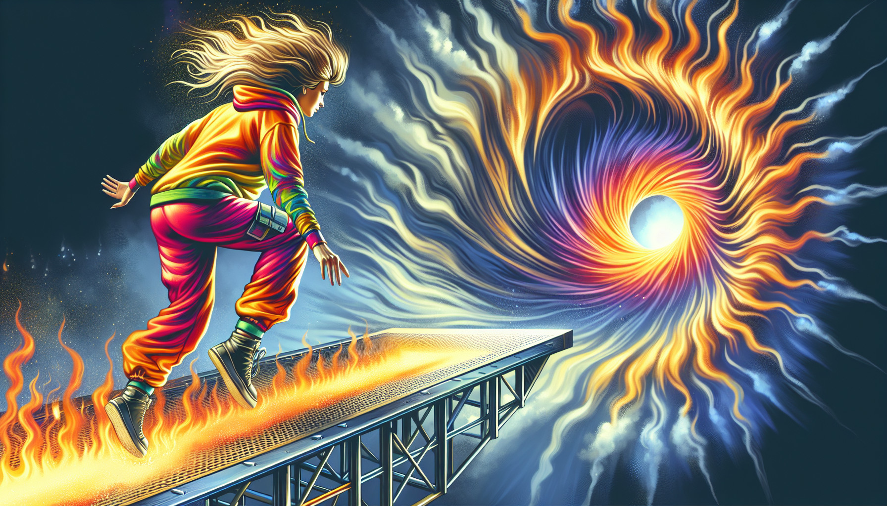 a blonde women in hyper colour baggy clothing gets ready to run and leap off a steel platform into a swirling flame and ice vortex way below