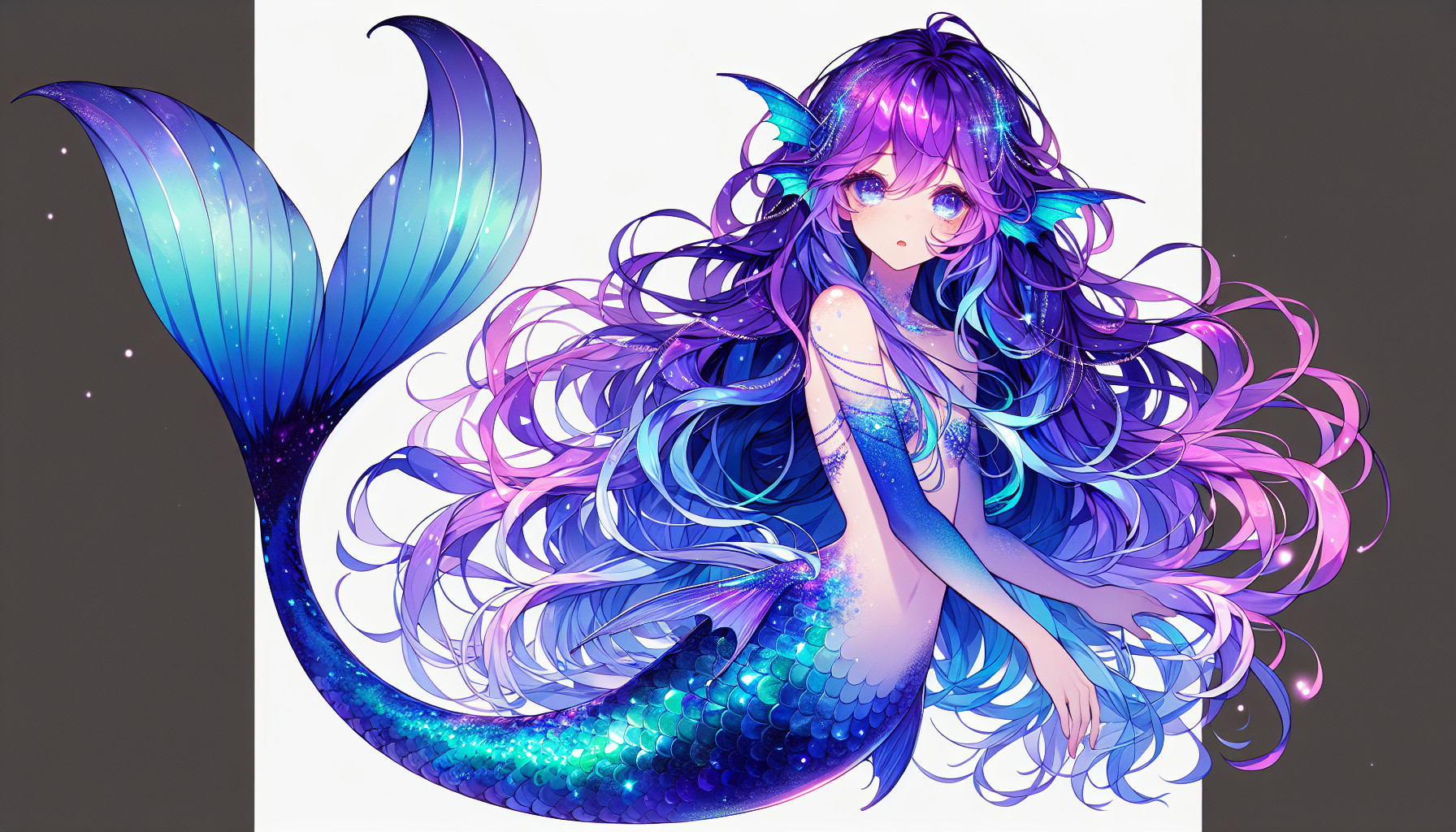 Long, flowing hair that shifts between deep violet and shimmering sapphire.Scales along her arms and tail in a gradient of amethyst → indigo → bright ocean blue.Eyes pale lavender with luminous pupils.Tail fin long and veil-like, edged in glowing cyan streaks.Bioluminescent freckles across cheeks and collarbon