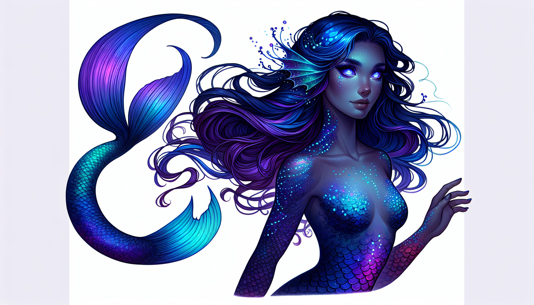 Long, flowing hair that shifts between deep violet and shimmering sapphire.Scales along her arms and tail in a gradient of amethyst → indigo → bright ocean blue.Eyes pale lavender with luminous pupils.Tail fin long and veil-like, edged in glowing cyan streaks.Bioluminescent freckles across cheeks and collarbon