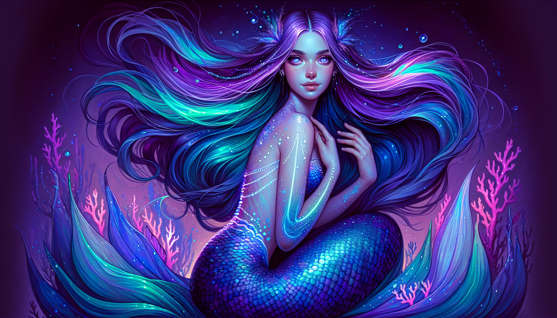 Long, flowing hair that shifts between deep violet and shimmering sapphire.Scales along her arms and tail in a gradient of amethyst → indigo → bright ocean blue.Eyes pale lavender with luminous pupils.Tail fin long and veil-like, edged in glowing cyan streaks.Bioluminescent freckles across cheeks and collarbone In a coral reef 