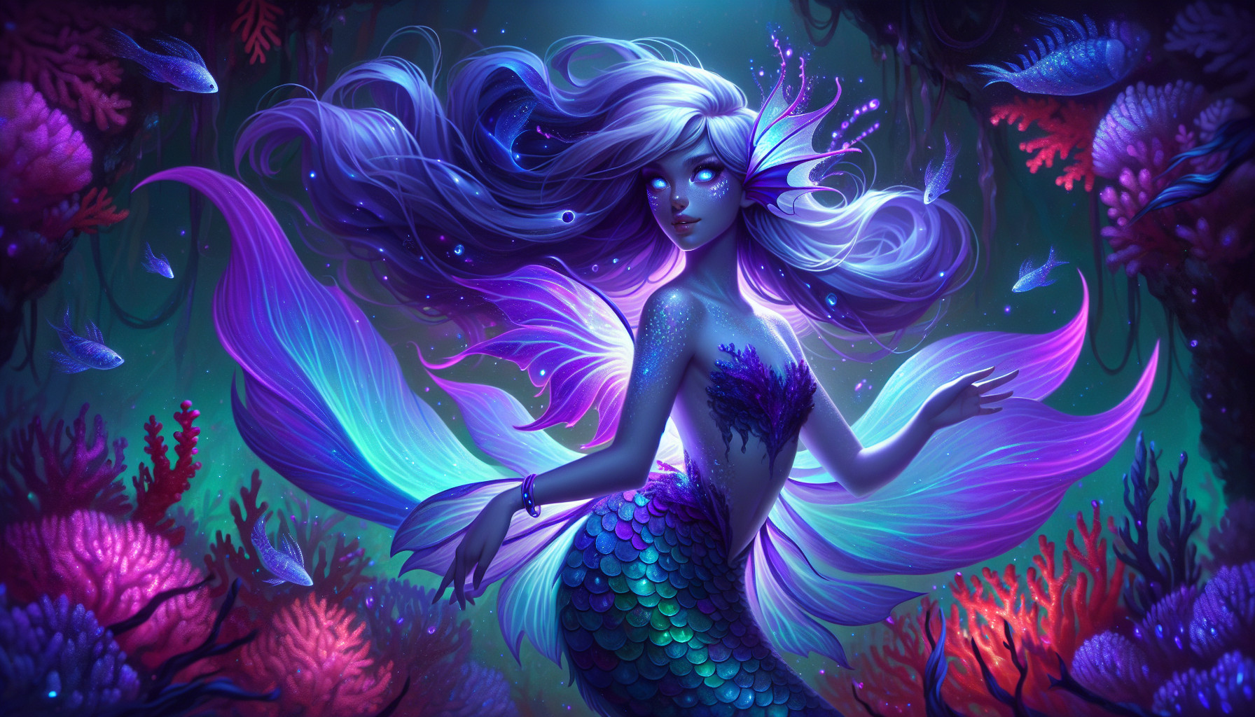 A merfolk sorcerer with a body that flows in a gradient of deep amethyst purple at the shoulders into shimmering cerulean scales at the hips. Her tail is long and elegant, patterned like a betta fish with iridescent fins that shift from violet to electric blue when she moves. Her hair drifts in long, weightless ribbons—inky violet with bioluminescent blue strands that glow softly in darkness. Her eyes are pearl-white with a faint inner luminescence, and faint, swirling markings of lavender luminescence trace across her cheekbones and arms. in a coral reef.