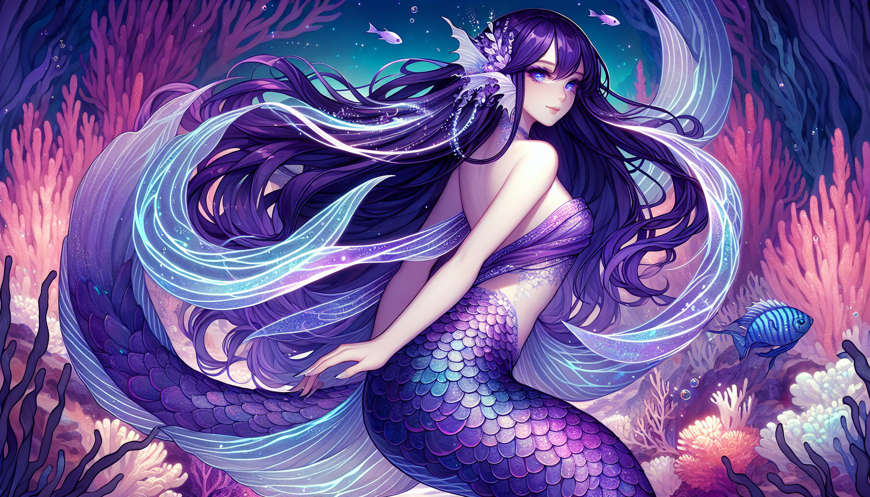A merfolk sorcerer with a body that flows in a gradient of deep amethyst purple at the shoulders into shimmering cerulean scales at the hips. Her tail is long and elegant, patterned like a betta fish with iridescent fins that shift from violet to electric blue when she moves. Her hair drifts in long, weightless ribbons—inky violet with bioluminescent blue strands that glow softly in darkness. Her eyes are pearl-white with a faint inner luminescence, and faint, swirling markings of lavender luminescence trace across her cheekbones and arms. in a coral reef.