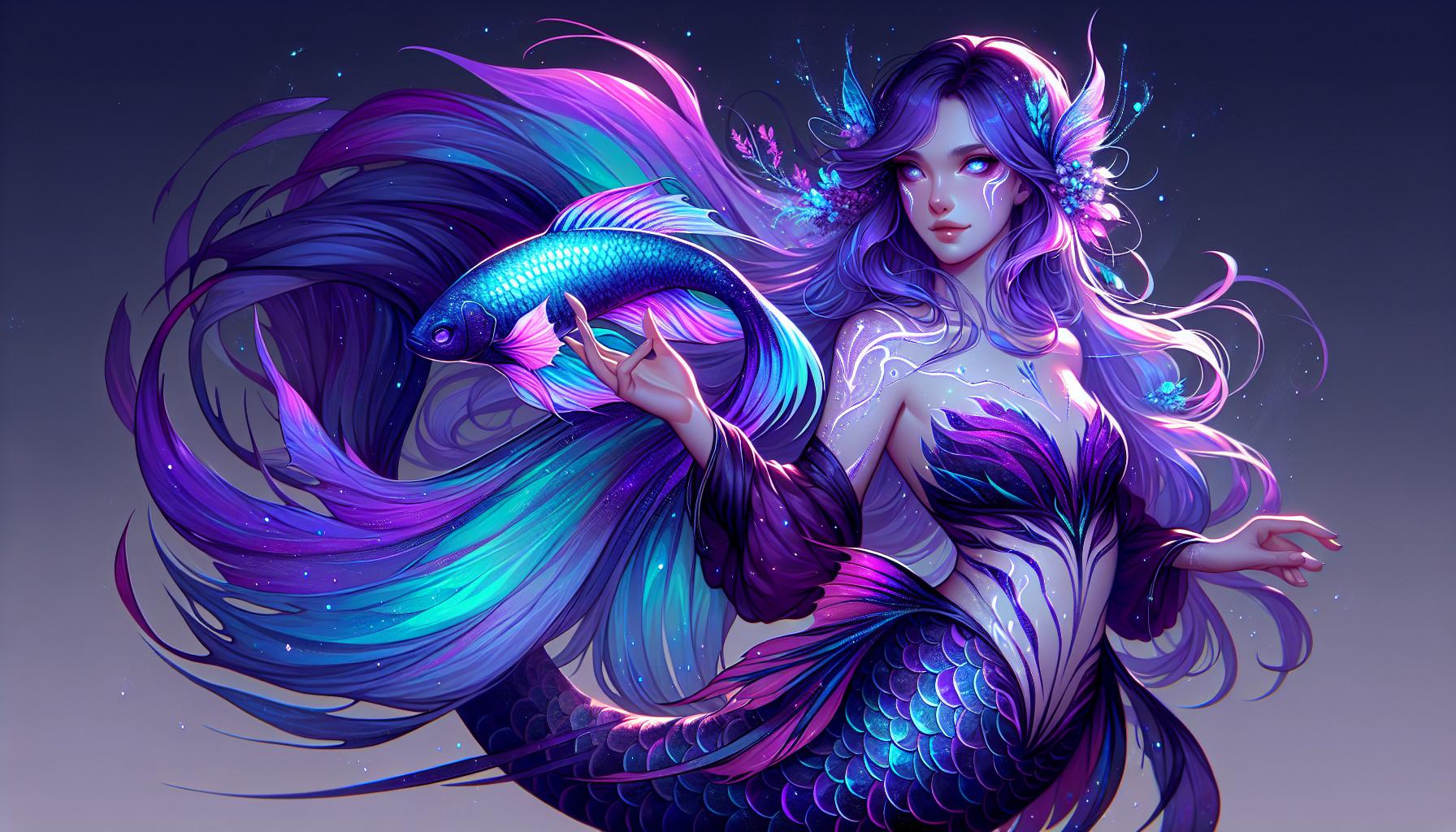 A merfolk sorcerer with a body that flows in a gradient of deep amethyst purple at the shoulders into shimmering cerulean scales at the hips. Her tail is long and elegant, patterned like a betta fish with iridescent fins that shift from violet to electric blue when she moves. Her hair drifts in long, weightless ribbons—inky violet with bioluminescent blue strands that glow softly in darkness. Her eyes are pearl-white with a faint inner luminescence, and faint, swirling markings of lavender luminescence trace across her cheekbones and arms. in a coral reef.