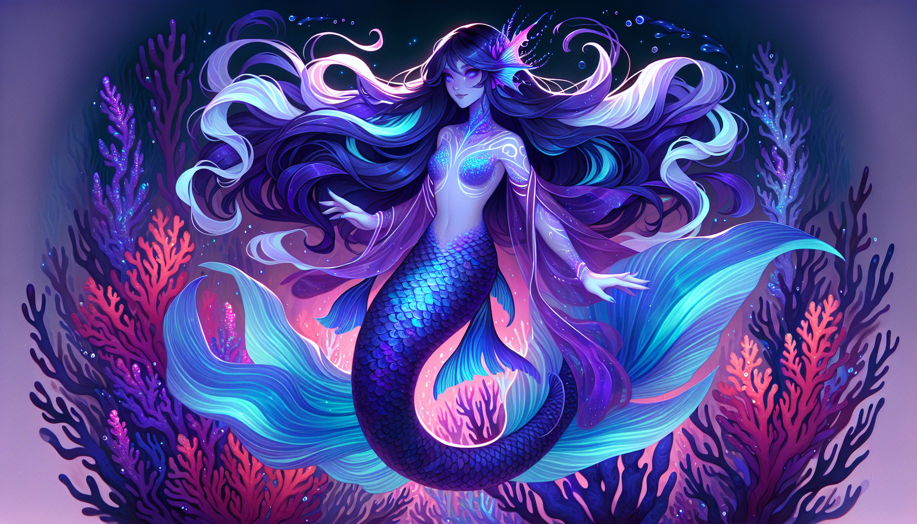 A merfolk sorcerer with a body that flows in a gradient of deep amethyst purple at the shoulders into shimmering cerulean scales at the hips. Her tail is long and elegant, patterned like a betta fish with iridescent fins that shift from violet to electric blue when she moves. Her hair drifts in long, weightless ribbons—inky violet with bioluminescent blue strands that glow softly in darkness. Her eyes are pearl-white with a faint inner luminescence, and faint, swirling markings of lavender luminescence trace across her cheekbones and arms. in a coral reef.