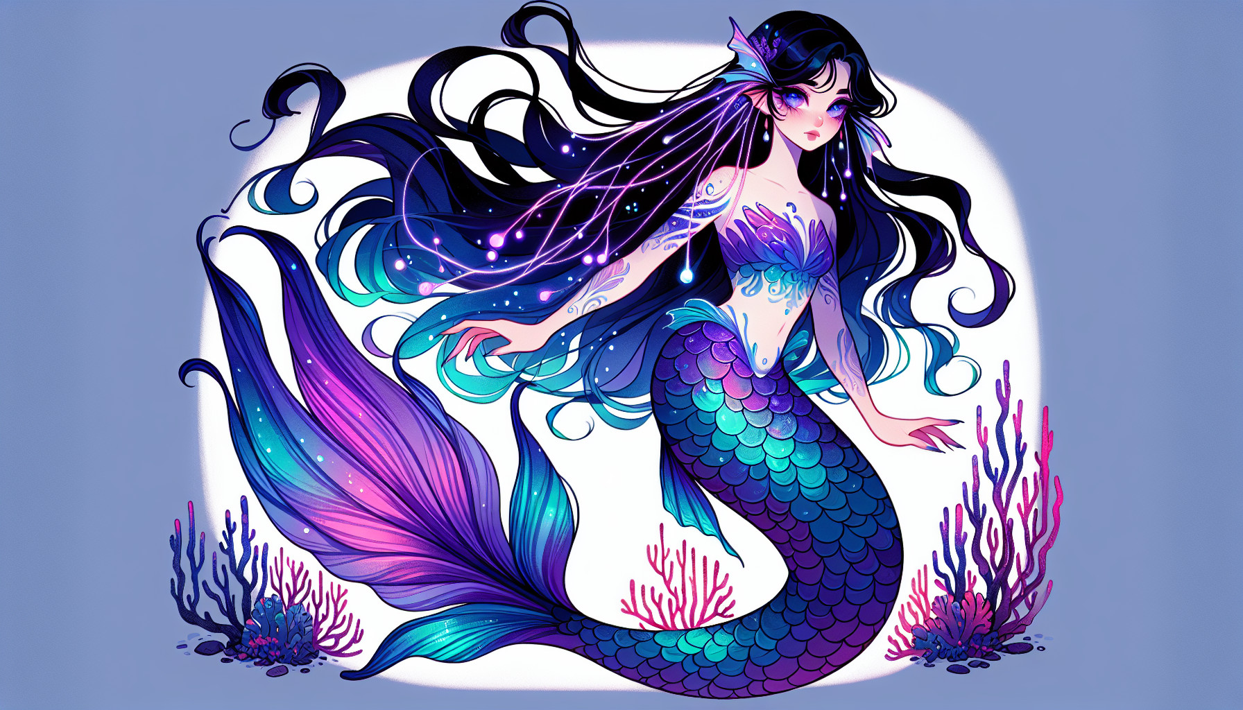 A merfolk sorcerer with a body that flows in a gradient of deep amethyst purple at the shoulders into shimmering cerulean scales at the hips. Her tail is long and elegant, patterned like a betta fish with iridescent fins that shift from violet to electric blue when she moves. Her hair drifts in long, weightless ribbons—inky violet with bioluminescent blue strands that glow softly in darkness. Her eyes are pearl-white with a faint inner luminescence, and faint, swirling markings of lavender luminescence trace across her cheekbones and arms. in a coral reef.