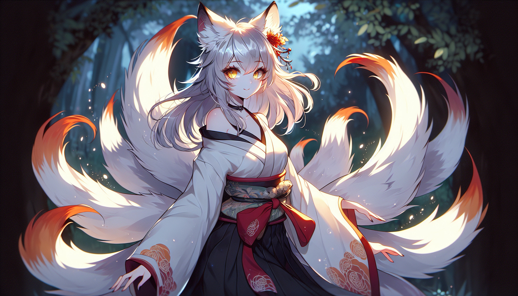A graceful 5’8” figure moves like a whisper of flame and silk. Talaria’s nine silver-and-flame tails shimmer faintly when her power stirs, and her **hair—silvery-white tipped in ember red—**seems to flicker with living light. Her golden eyes glint with mischief and mystery alike, while her smile promises secrets untold.When she wishes, her fox features fade beneath glamour, leaving only the faintest hints of her true form: a spark in her eyes, a sly tilt of her lips, and the ghost of wild magic that lingers in her wake. in the forest.