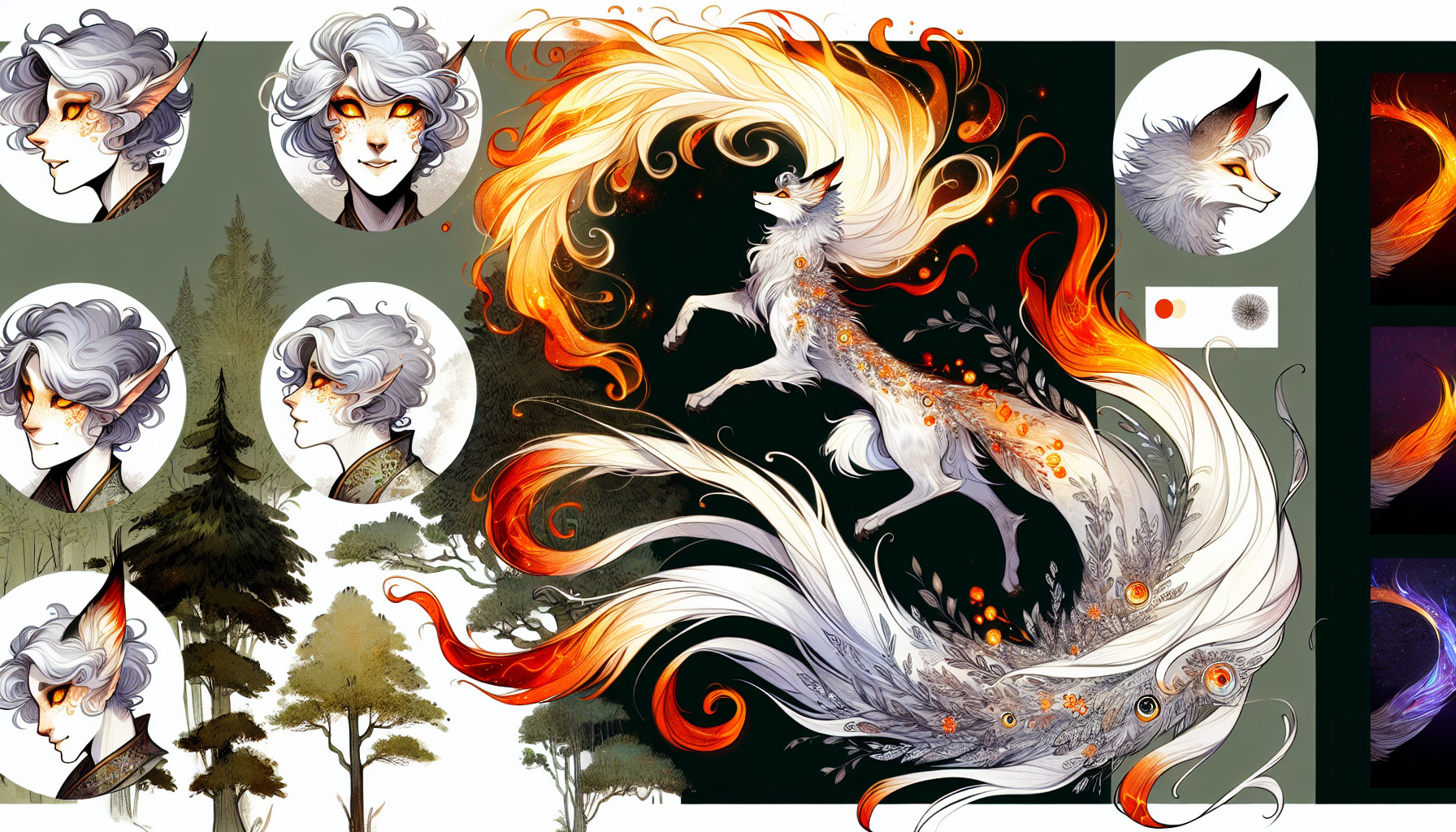 A graceful 5’8” figure moves like a whisper of flame and silk. Talaria’s nine silver-and-flame tails shimmer faintly when her power stirs, and her **hair—silvery-white tipped in ember red—**seems to flicker with living light. Her golden eyes glint with mischief and mystery alike, while her smile promises secrets untold.When she wishes, her fox features fade beneath glamour, leaving only the faintest hints of her true form: a spark in her eyes, a sly tilt of her lips, and the ghost of wild magic that lingers in her wake. In a green forest