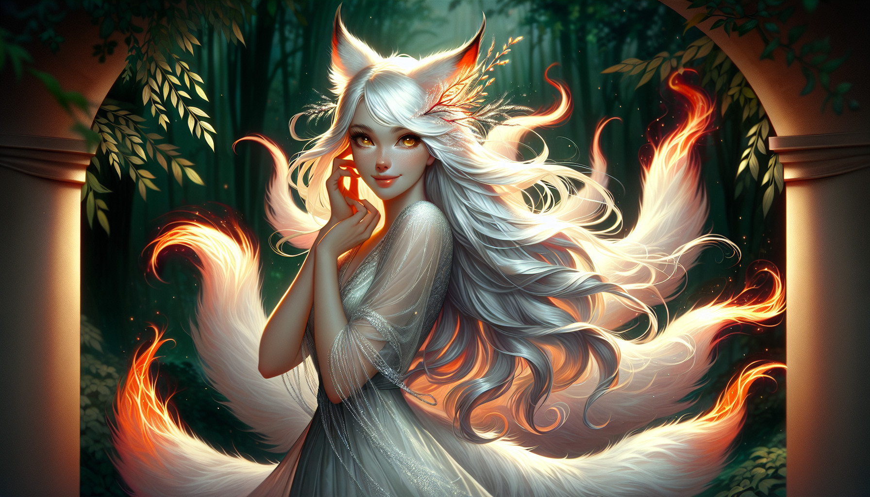 A graceful 5’8” figure moves like a whisper of flame and silk. Nine silver-and-flame tails shimmer faintly when her power stirs, and her **hair—silvery-white tipped in ember red—**seems to flicker with living light. Her golden eyes glint with mischief and mystery alike, while her smile promises secrets untold.When she wishes, her fox features fade beneath glamour, leaving only the faintest hints of her true form: a spark in her eyes, a sly tilt of her lips, and the ghost of wild magic that lingers in her wake. in a green forest.