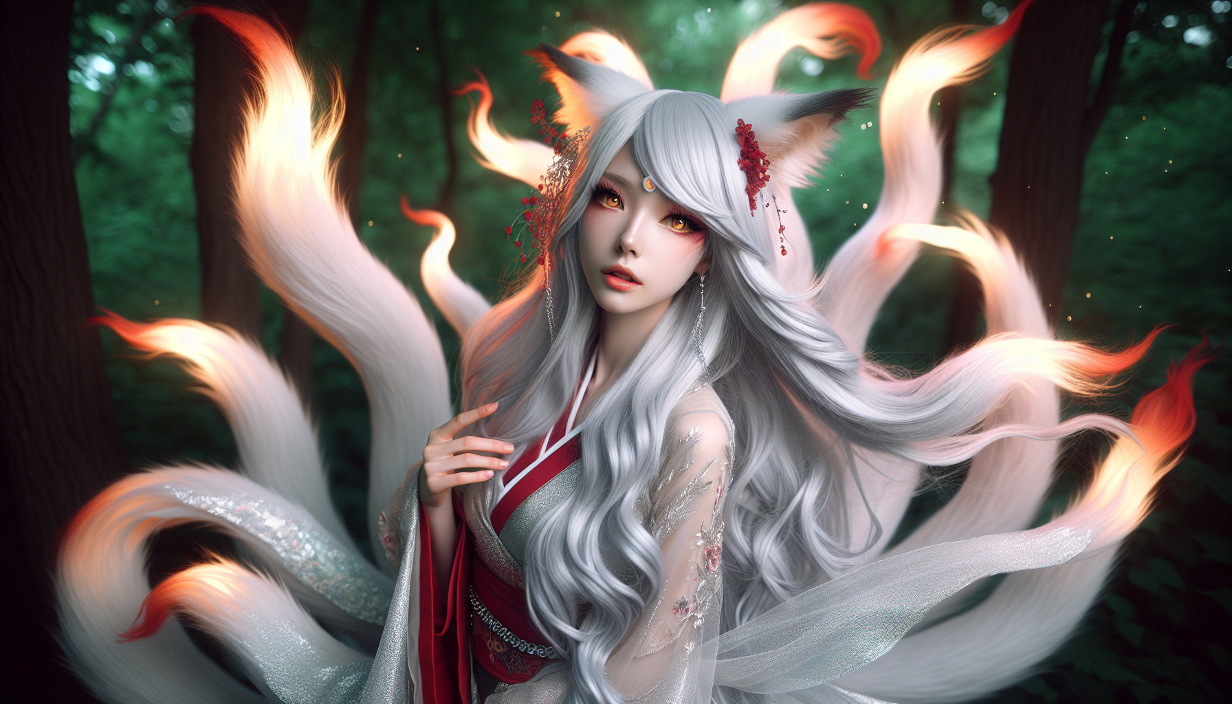 A graceful 5’8” figure moves like a whisper of flame and silk. Nine silver-and-flame tails shimmer faintly when her power stirs, and her **hair—silvery-white tipped in ember red—**seems to flicker with living light. Her golden eyes glint with mischief and mystery alike, while her smile promises secrets untold.When she wishes, her fox features fade beneath glamour, leaving only the faintest hints of her true form: a spark in her eyes, a sly tilt of her lips, and the ghost of wild magic that lingers in her wake. in a green forest.
