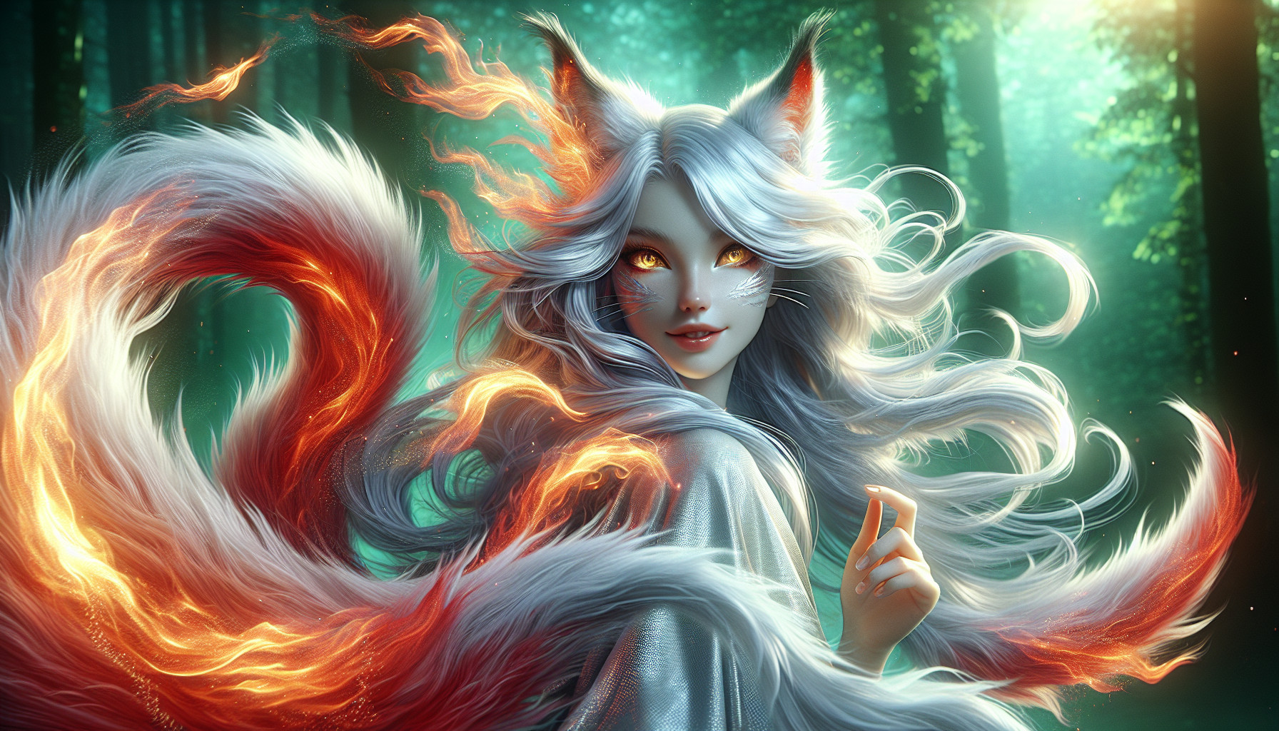 A graceful 5’8” figure moves like a whisper of flame and silk. Nine silver-and-flame tails shimmer faintly when her power stirs, and her **hair—silvery-white tipped in ember red—**seems to flicker with living light. Her golden eyes glint with mischief and mystery alike, while her smile promises secrets untold.When she wishes, her fox features fade beneath glamour, leaving only the faintest hints of her true form: a spark in her eyes, a sly tilt of her lips, and the ghost of wild magic that lingers in her wake. in a green forest.