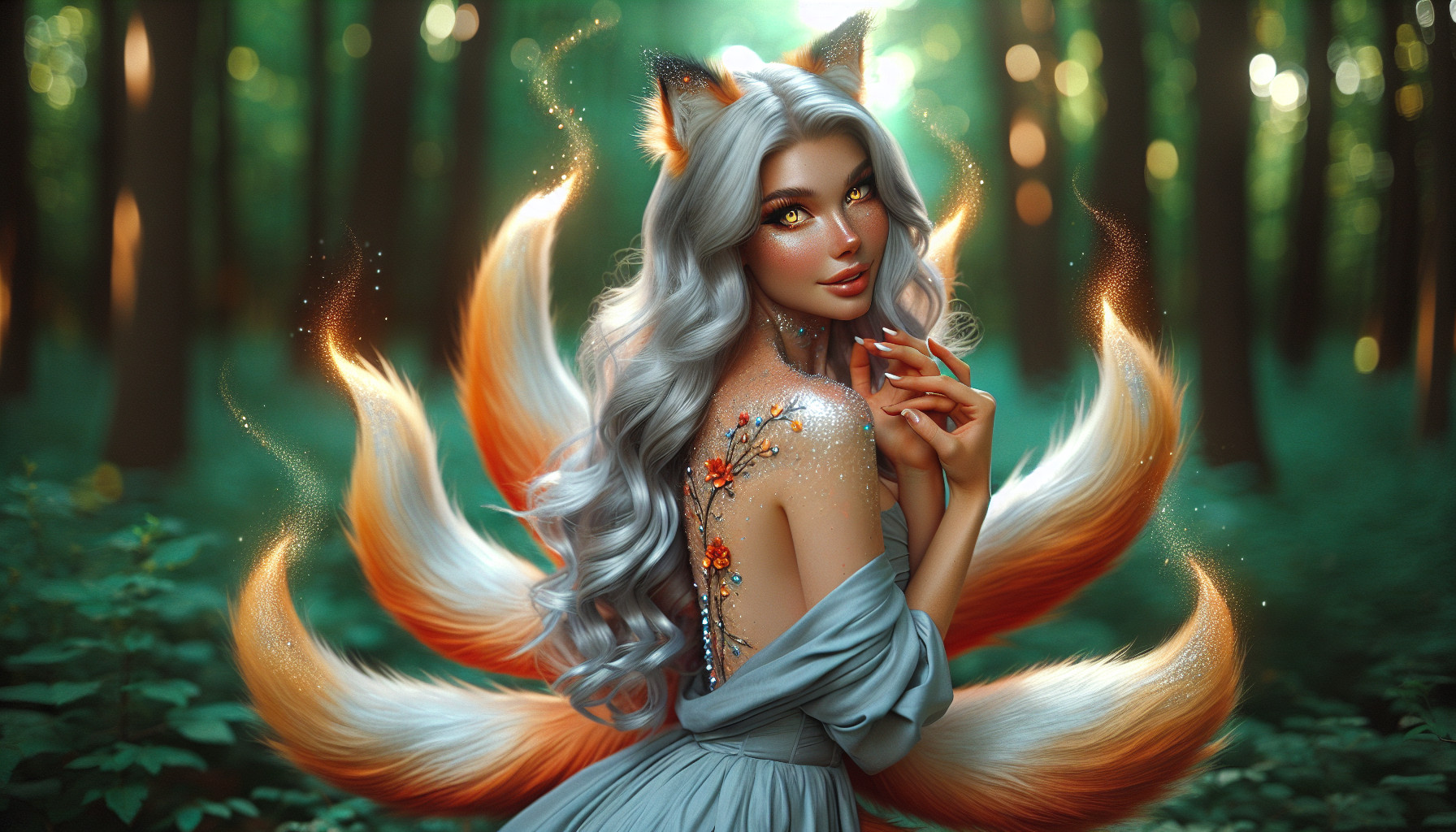 A graceful 5’8” figure moves like a whisper of flame and silk. Nine silver-and-flame tails shimmer faintly when her power stirs, and her **hair—silvery-white tipped in ember red—**seems to flicker with living light. Her golden eyes glint with mischief and mystery alike, while her smile promises secrets untold.When she wishes, her fox features fade beneath glamour, leaving only the faintest hints of her true form: a spark in her eyes, a sly tilt of her lips, and the ghost of wild magic that lingers in her wake. in a green forest.