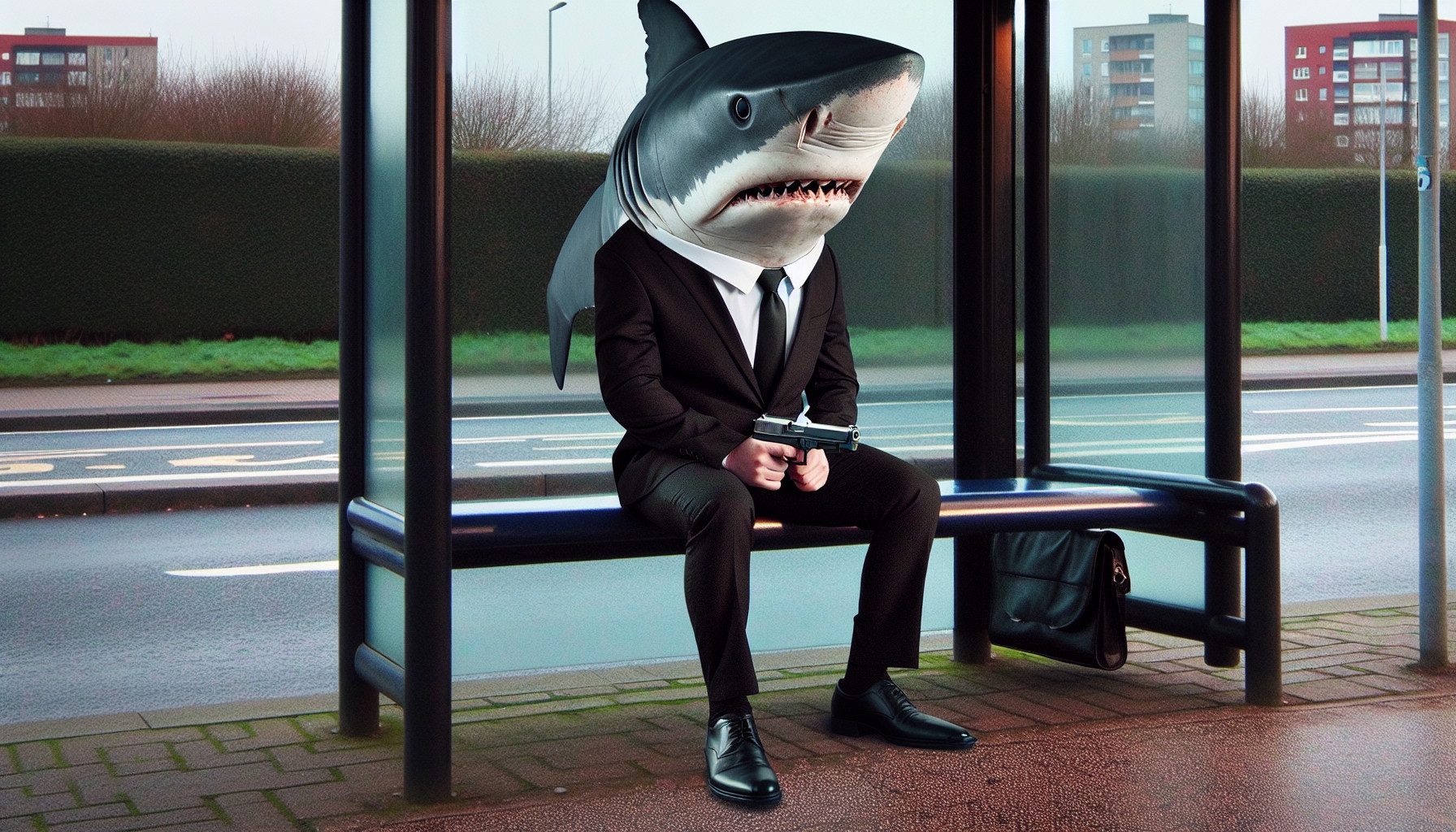 angry shark in the balck suit in the head gun and wait bus stop