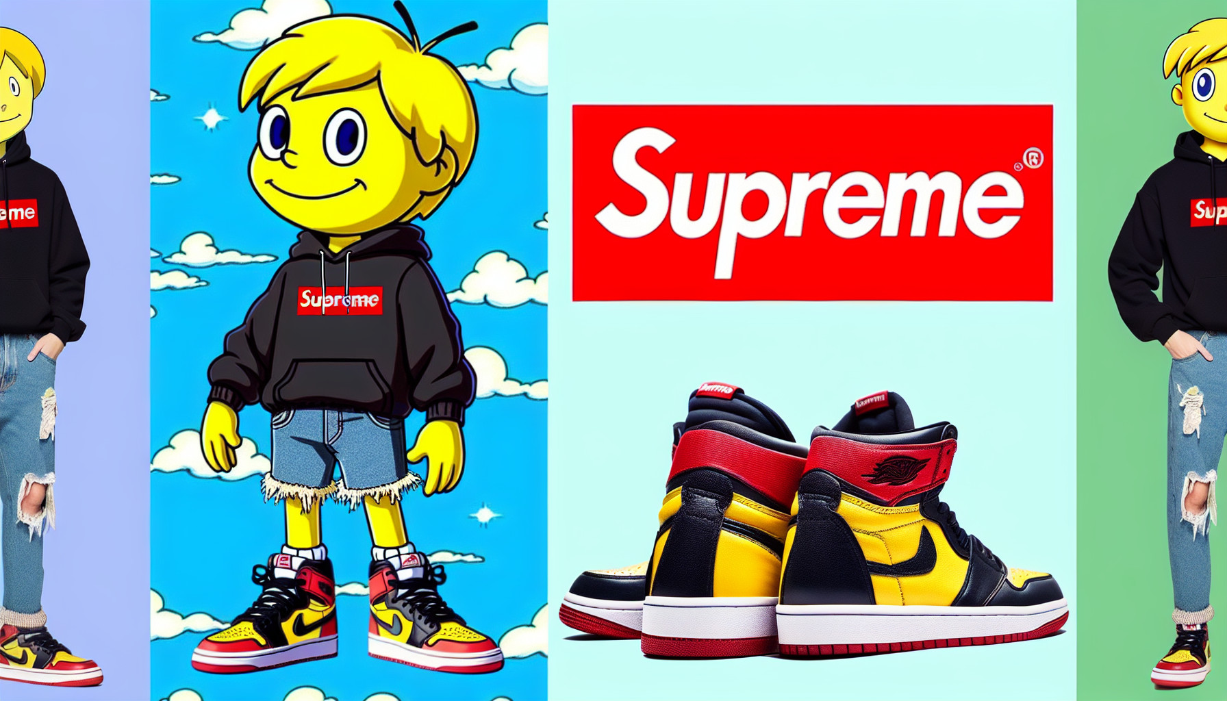 vorrei uno sfondo con qualcosa di supreme  è un personaggio dei simpson vestito con le Jordan e qualche vestito che va di moda tra i ragazzi