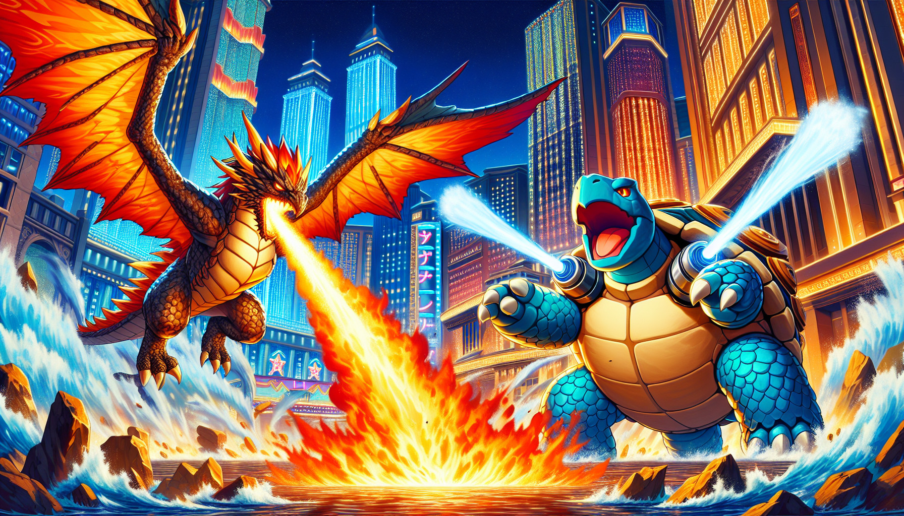 Pokémon battle between Charizard and Blastoise in the middle of Las Vegas. Charizard has a blast of fire going toward Blastoise, while Blastoise has two water beams coming out of the two cannons heading right to Charizard.