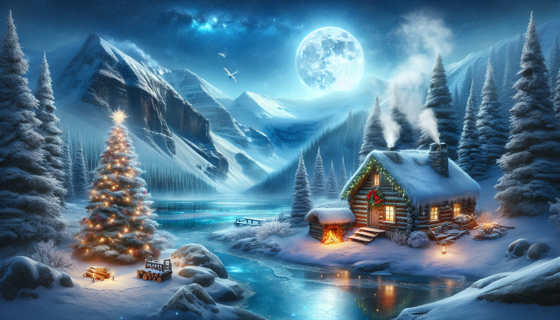 Snowy mountains at Christmas time with a cabin and a tree decorated, by a frozen lake, under a full moon