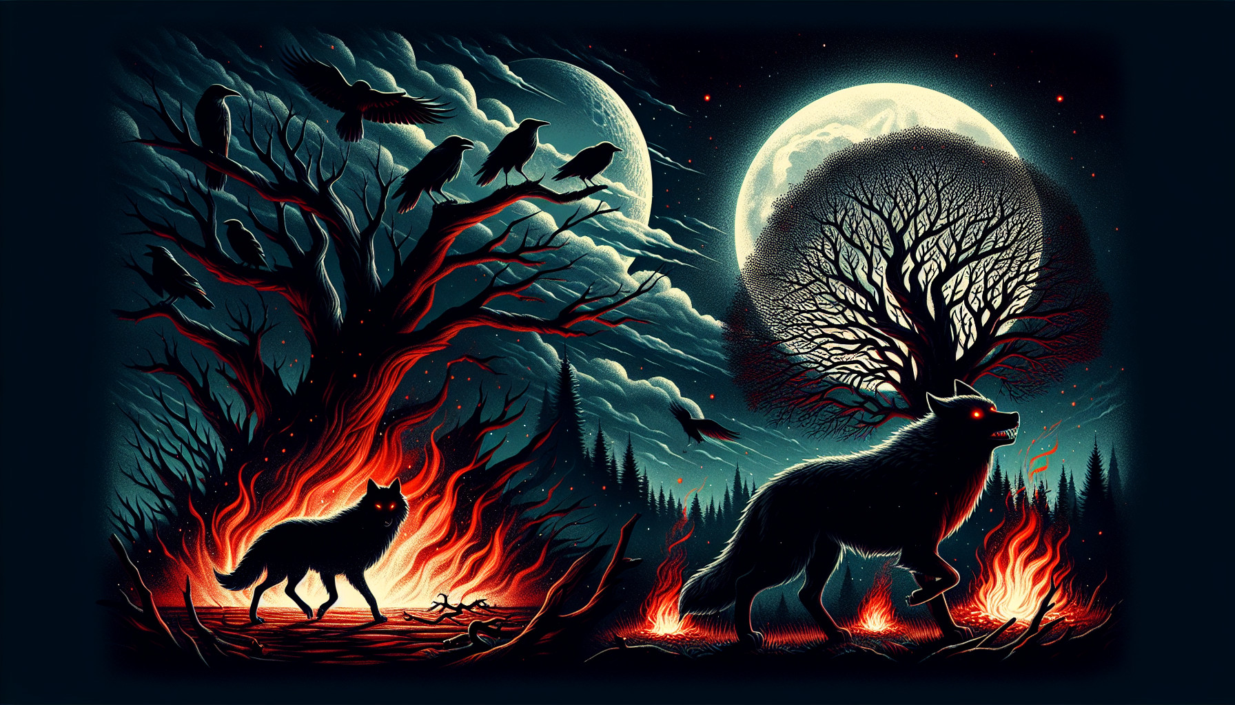 flamessmokemidnightwolf with red eyes crows on a dead treea full moon in the skyput the wolf walking by the flames