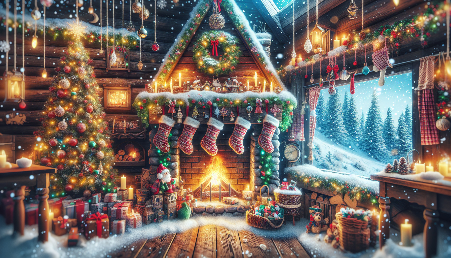 A decorated fireplace at Christmas time, in a snowy mountain cabin.