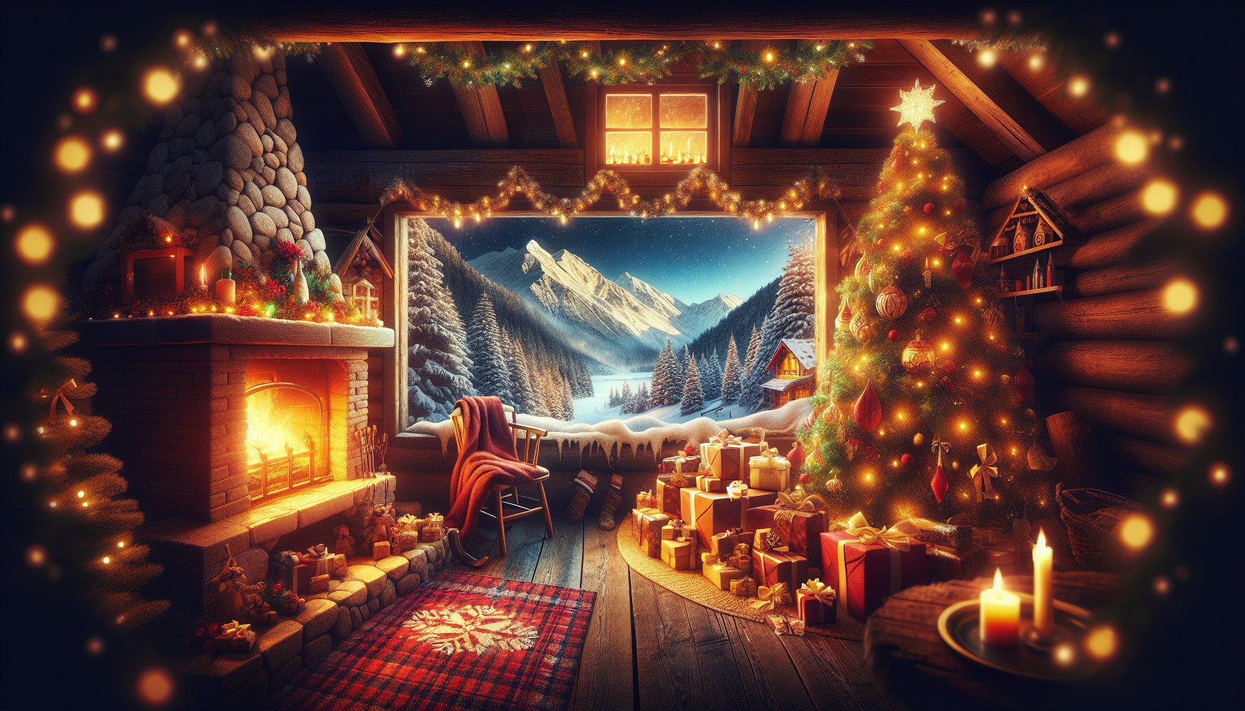 A fireplace in a mountain cabin at Christmas time, with a lighted tree.  Presents under the tree and Christmas decorations throughout the cabin. Outside a window you can see snow covered mountains and a Christmas tree.