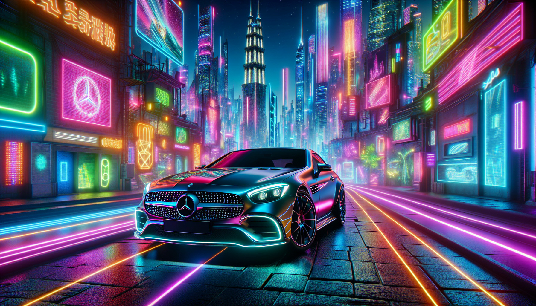 Mercedes SLK in neon city
