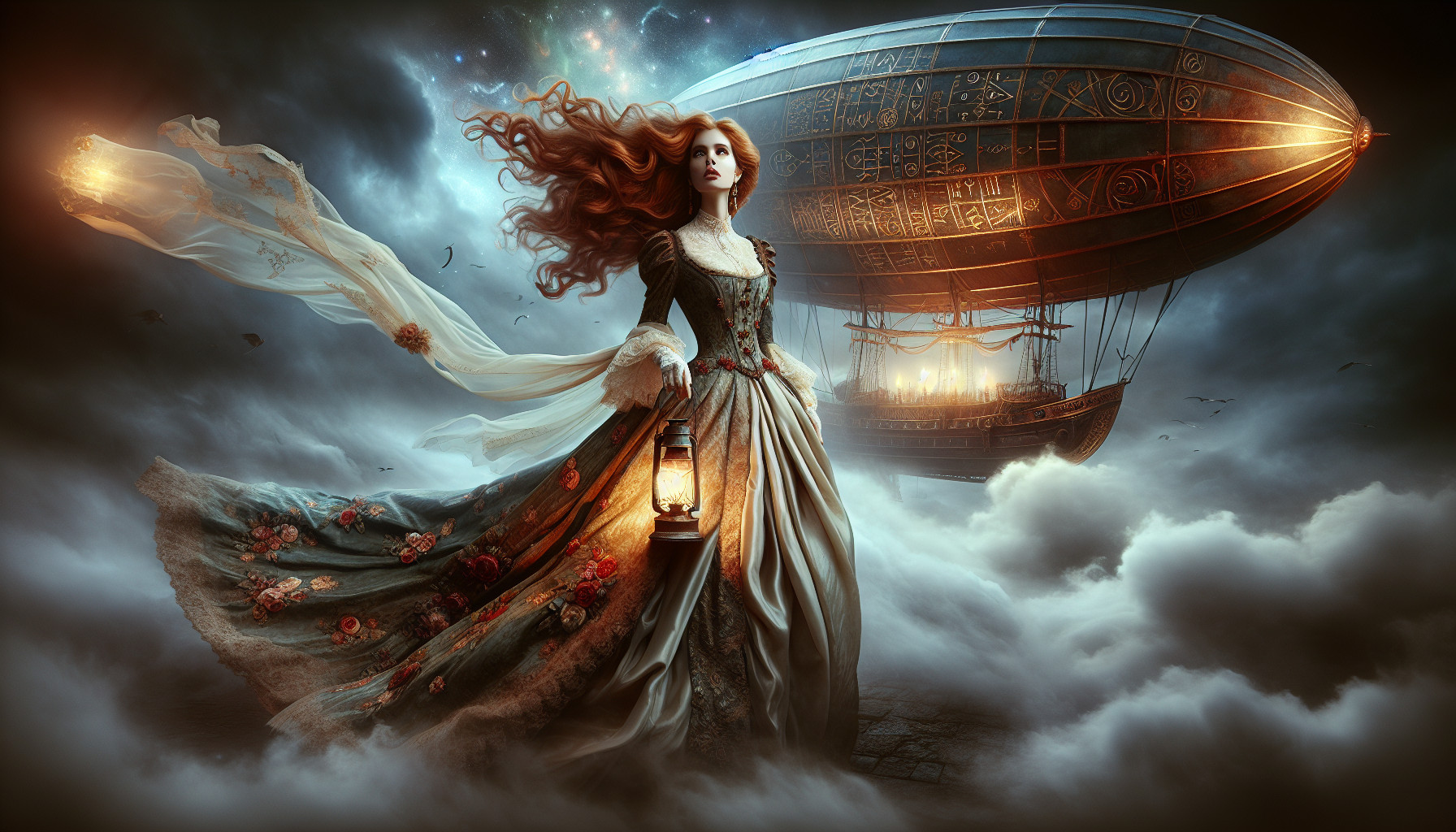 A vurvy beautiful red-haired noblewoman with long flowing hair standing on the bow of a rune-powered airship, drifting through shifting storm-shadows. She wears an elegant Victorian-inspired fantasy gown with flowing fabrics, floral ornamental details and art-nouveau lines, reminiscent of Mucha and Pre-Raphaelite elegance. A glowing lantern in her hand casts warm light across the dramatic sky of mist, storm and cosmic hints. Atmospheric, mysterious, powerful, landscape composition.