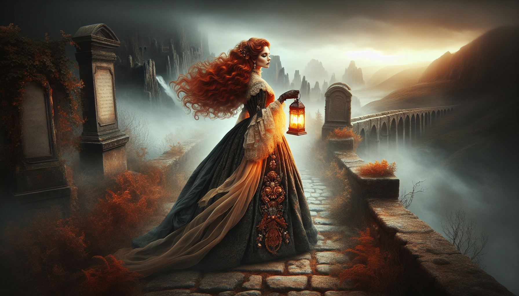A beautiful red-haired noblewoman with very long flowing hair, wearing an elegant Victorian-inspired fantasy gown with art-nouveau and Pre-Raphaelite ornamental details. She is standing on an ancient stone path, seen from behind, turning her head toward the viewer. A warm glowing lantern in her hand illuminates drifting fog around her. In the distance, a wide mist-filled valley stretches out, with faint ruins or old gravestones emerging from the fog, reminiscent of Caspar David Friedrich landscapes. Atmospheric, mysterious, romantic fantasy scene, landscape composition.
