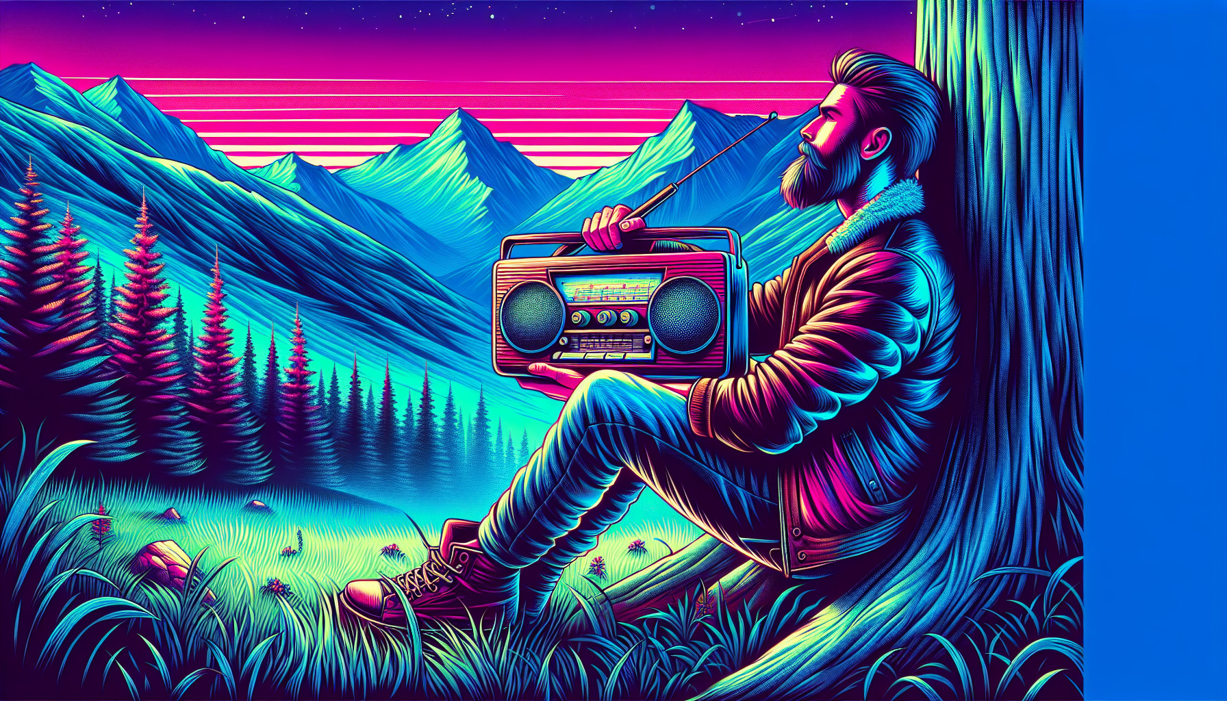 beard man sitting in grassy mountain near a tree and listening to the music with his marshell radio and seeing sky peace fully