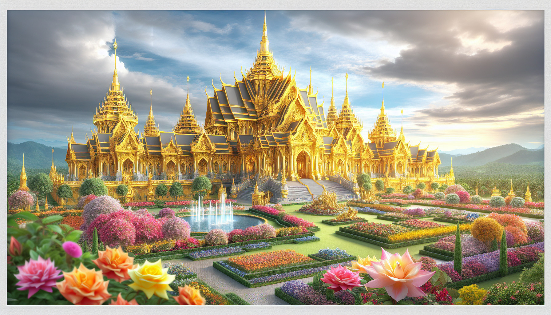 a gold castle with flowers