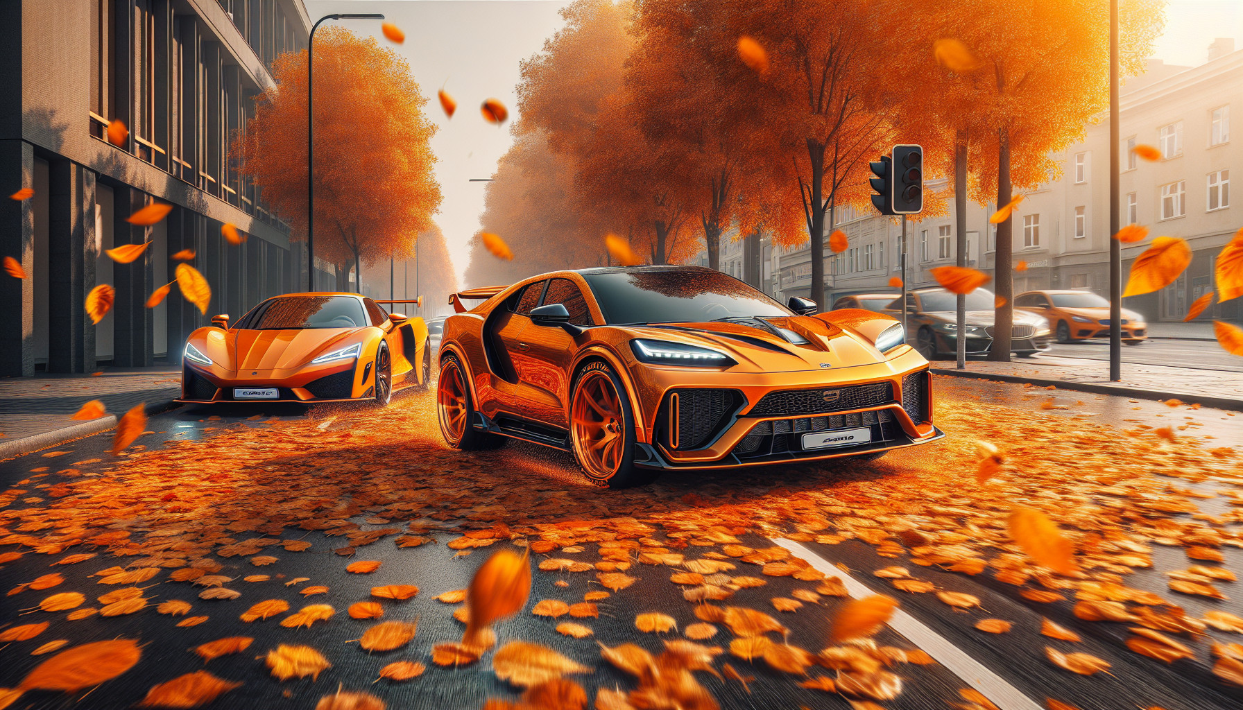 two lambo,one orange urus and an orange Bugatti chiron sports cruising through streets full of orange leaves