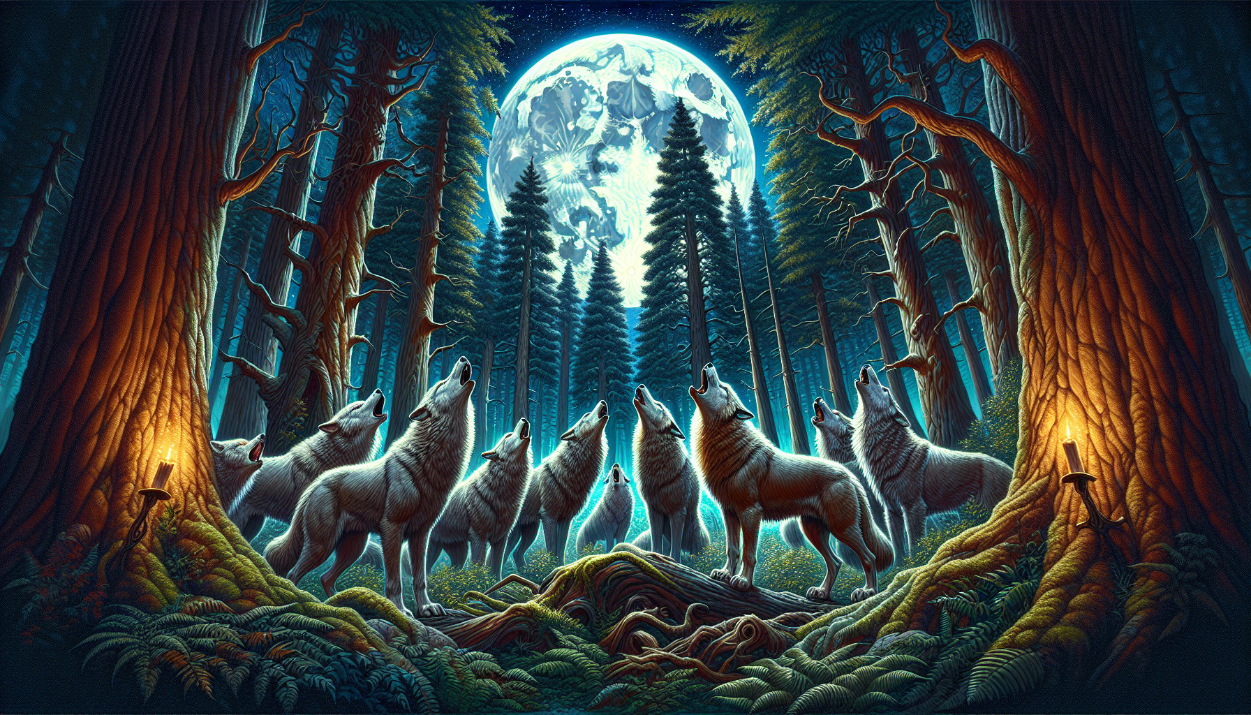 Wolves in the wood howling at the moon