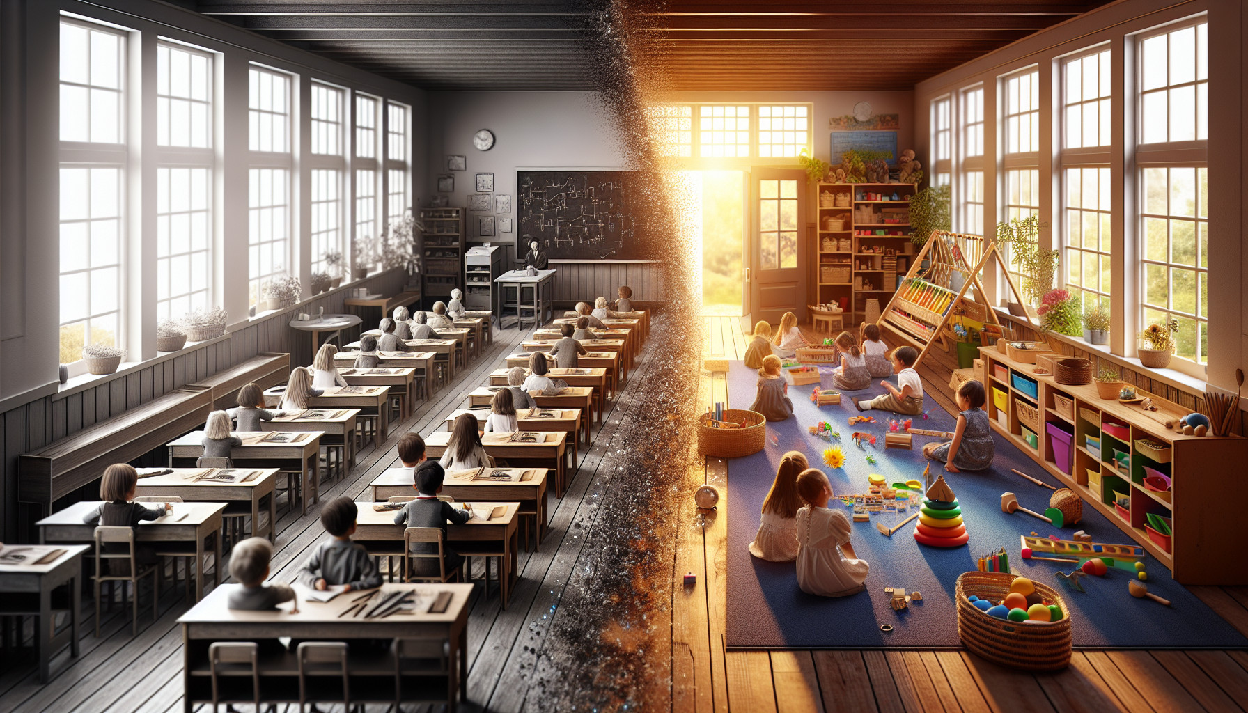 A split-screen visual showing transformation from traditional to Montessori education, left side shows rigid rows of desks in grayscale, right side shows warm colorful Montessori classroom with wooden materials on low shelves, children working independently on floor mats, natural light streaming through windows, plants and natural materials, the two sides connected by flowing light particles representing mindshift, professional educational illustration, warm and inviting atmosphere, high detail, photorealistic styleNegative prompt: cartoonish, cluttered, dark, chaotic, plastic toys, bright primary colors everywhere, teacher at front lecturing