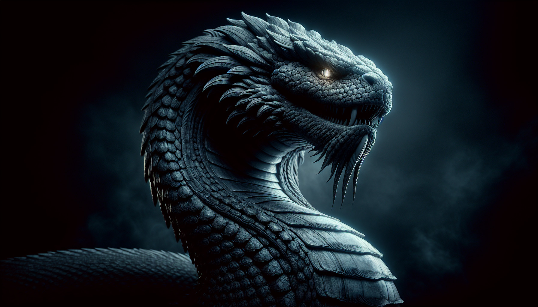 A hyper-realistic, intimidating serpent rising with majestic posture, powerful muscles defined under its scales. The snake’s eyes glow with dominance and ancient wisdom, fangs slightly exposed, and its body coiled like a king guarding its throne. Dramatic cinematic lighting, dark atmospheric background, high detail, ultra-sharp textures, epic and fearsome presence.