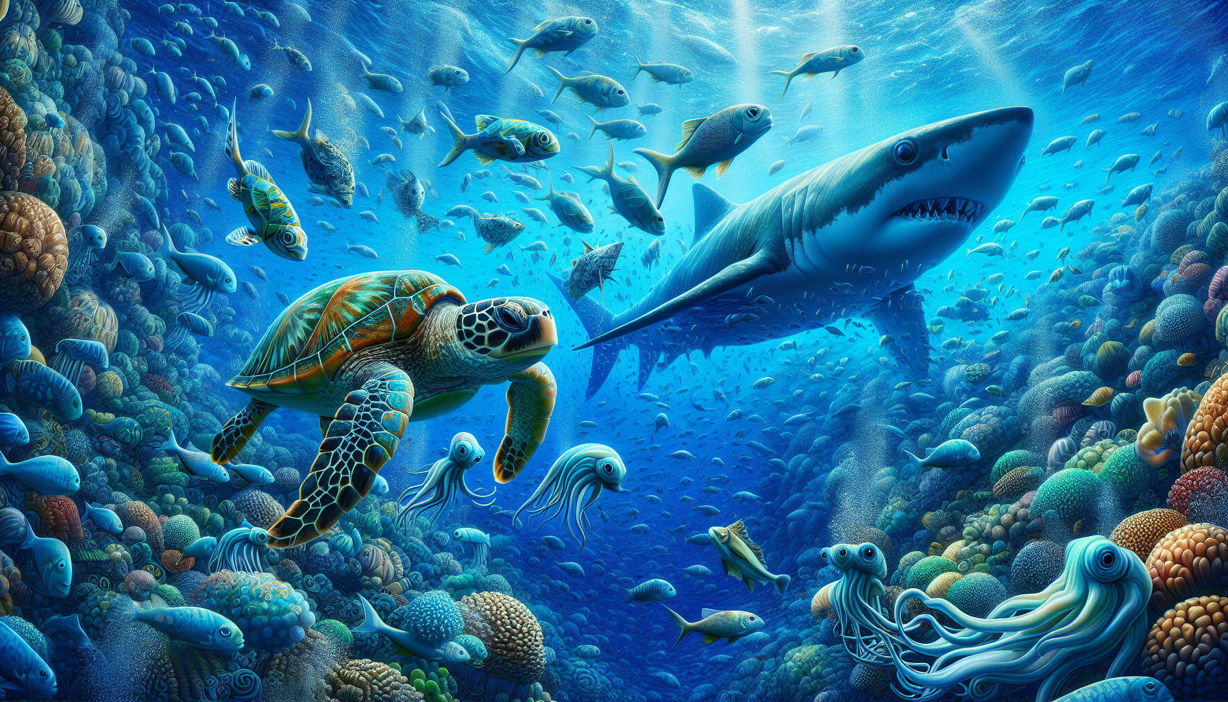 live in the ocean with fish, sharks, squids and turtles swimming 