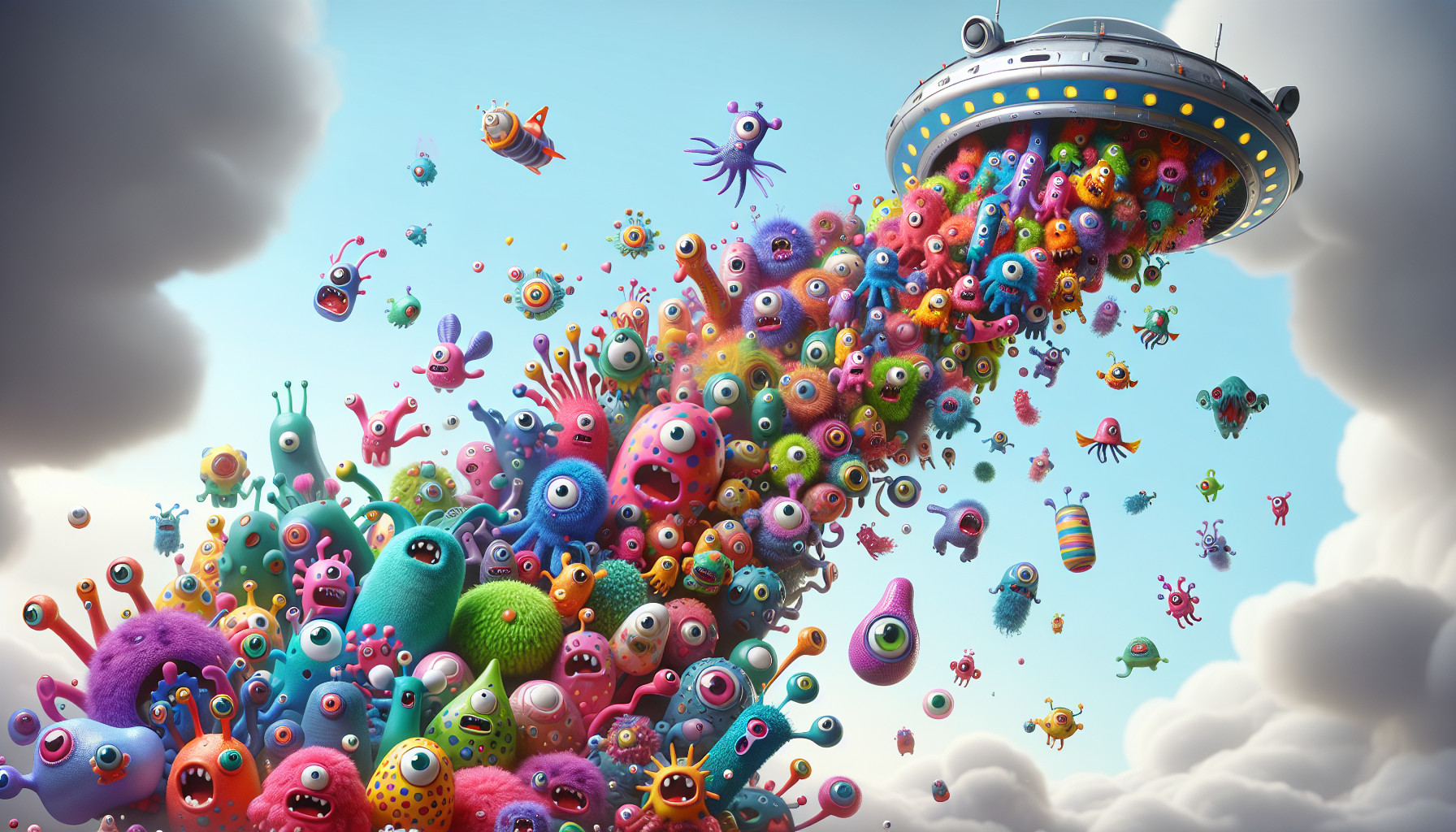 cute colorful monsters all over coming from a spaceship
