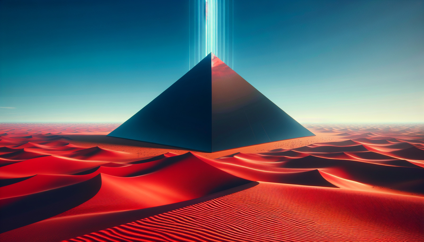 A DESERT WITH RED SAND AND A BLACK PYRANID WITH BEAMS OF LIGHT Emanating fron it