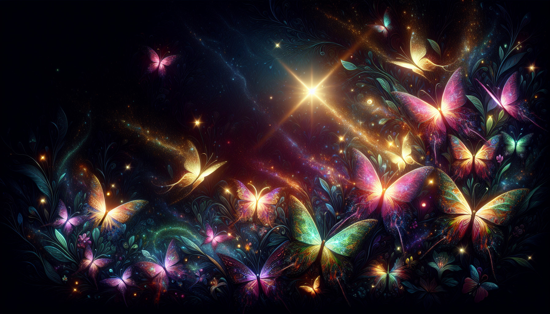 mariposas en fondo oscuro y brillo magico