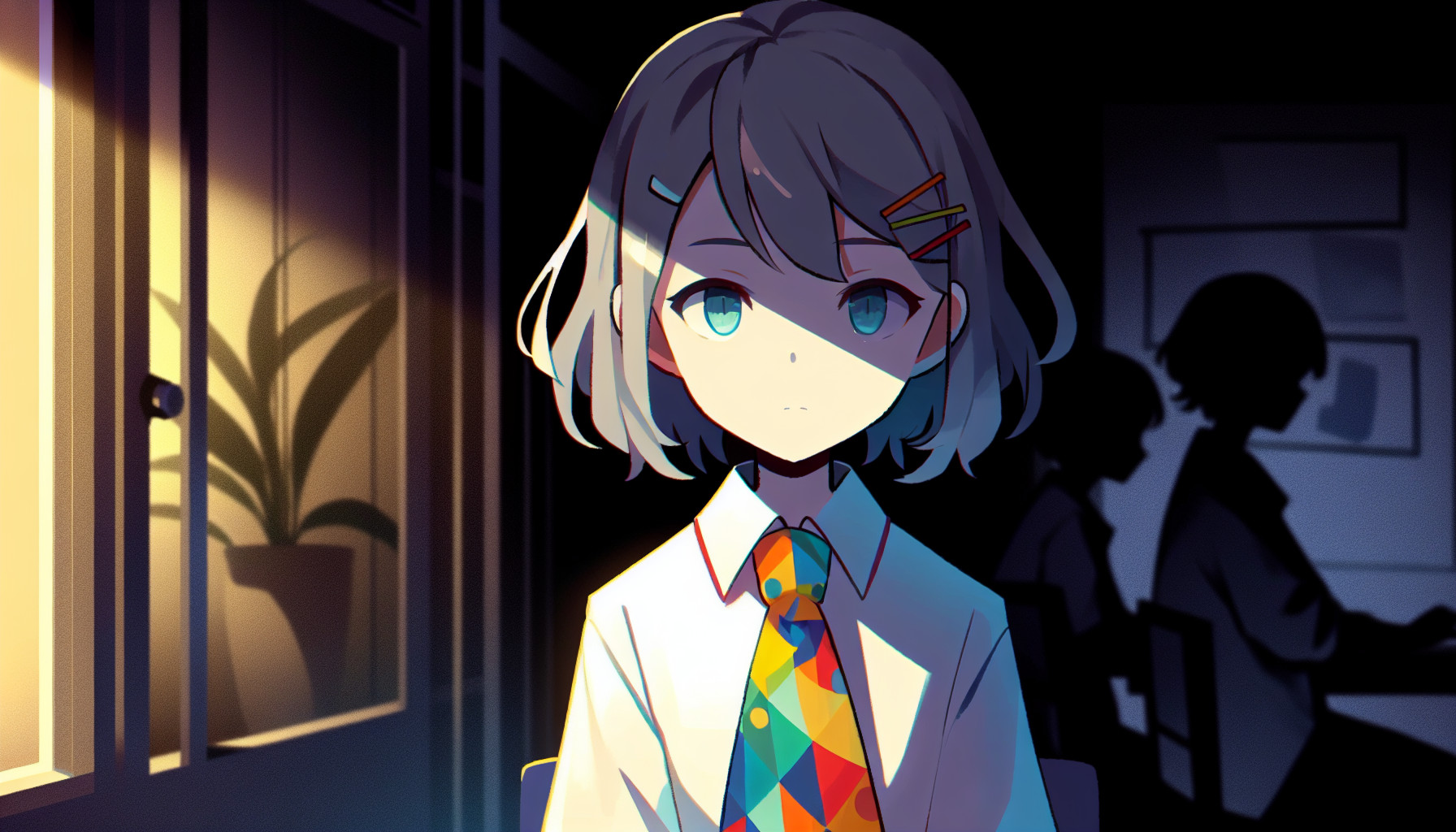 a dark place with an anime girl in the right  corner with gray hair a rainbow tie 