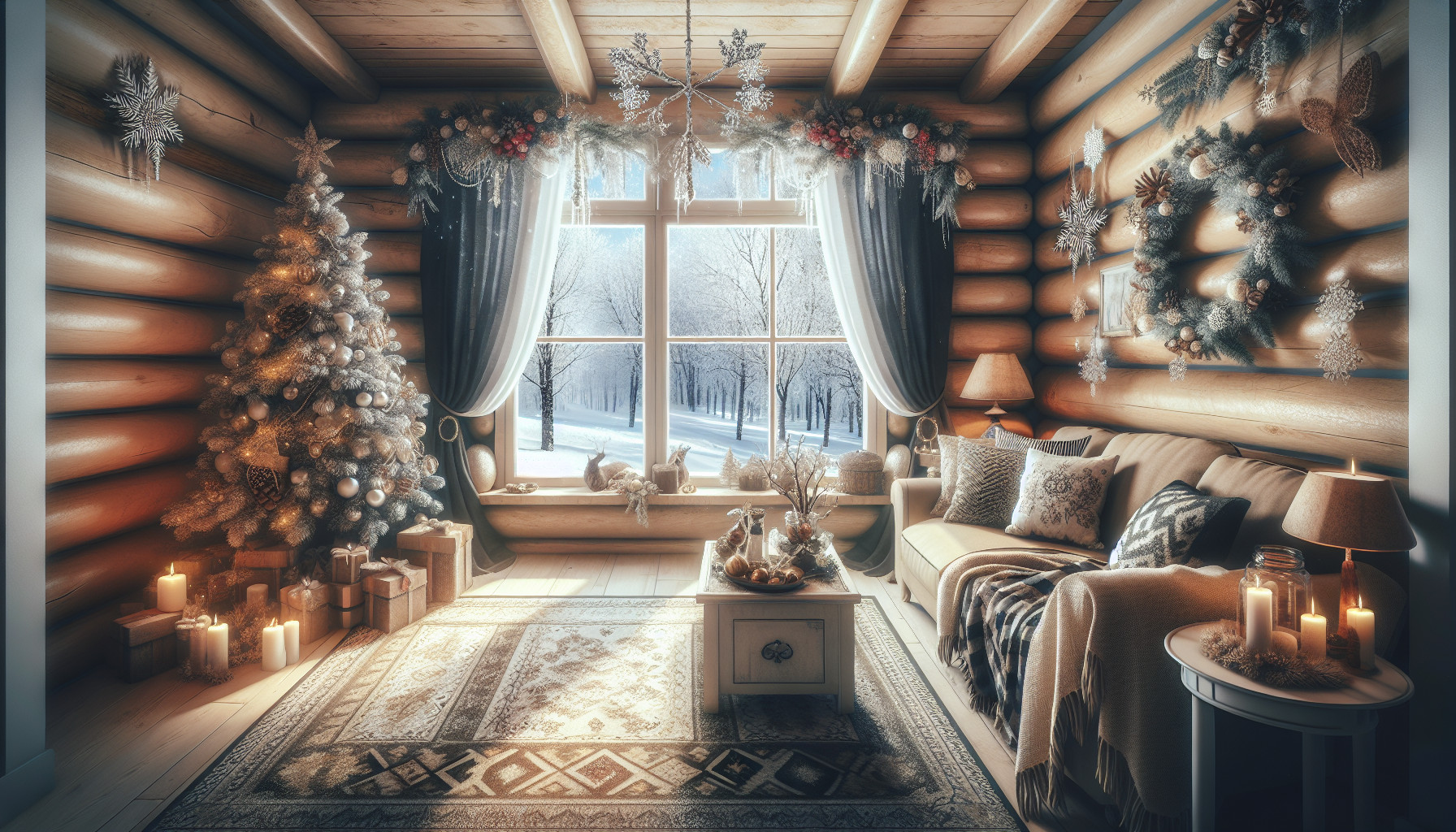 generame una sala elegante estilo navideño, y de cabaña, que se vea afuera que hace frio