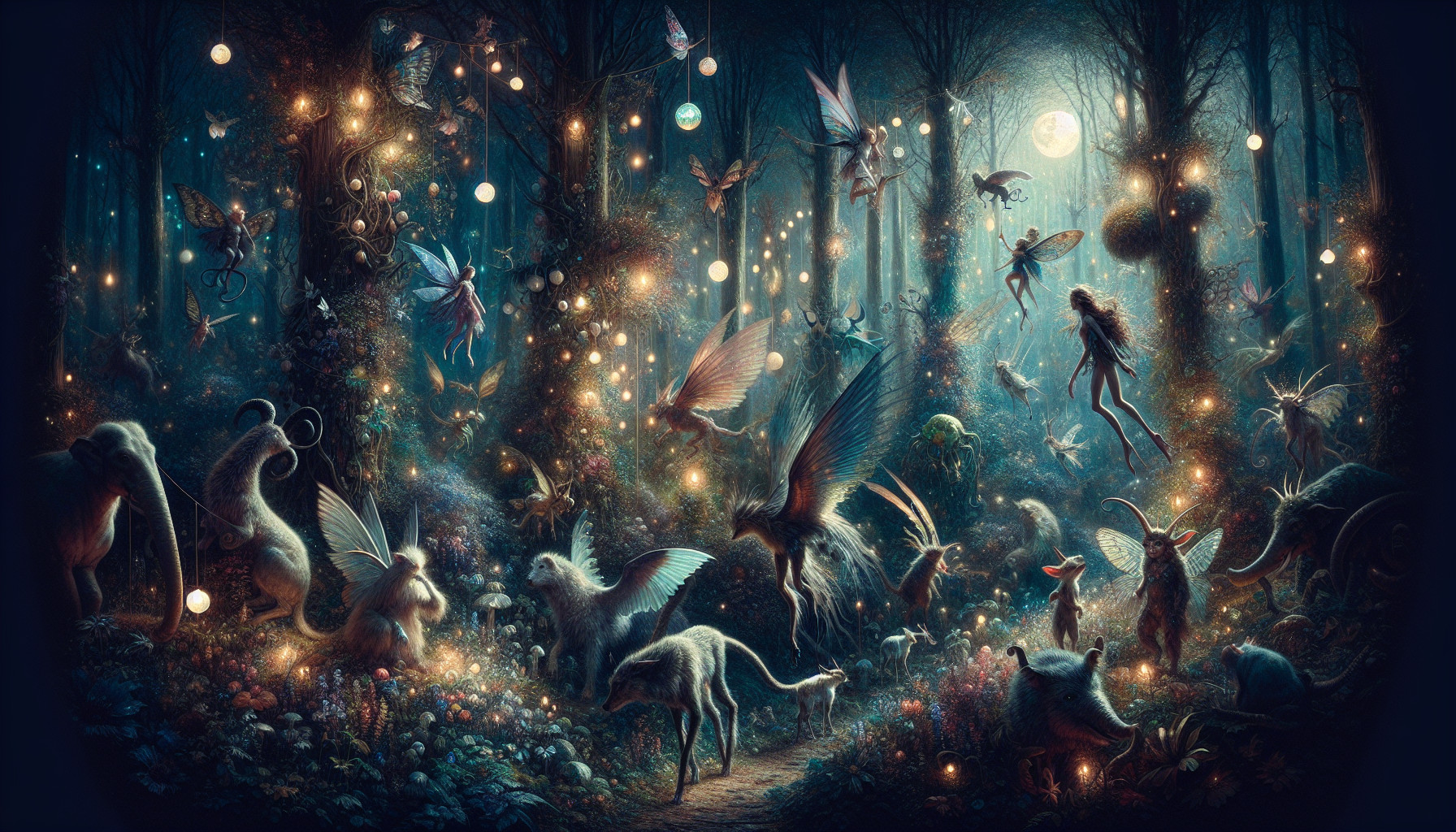 Elfish woods with fantasy creatures in the woods and fairy lights 