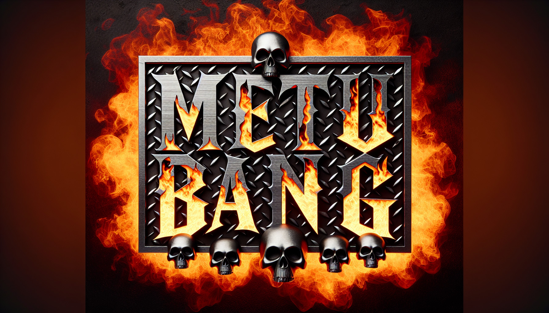 ''METAL GANG BANG'' made of diamond plate metal in gothic style on one line with skulls and fire in background.