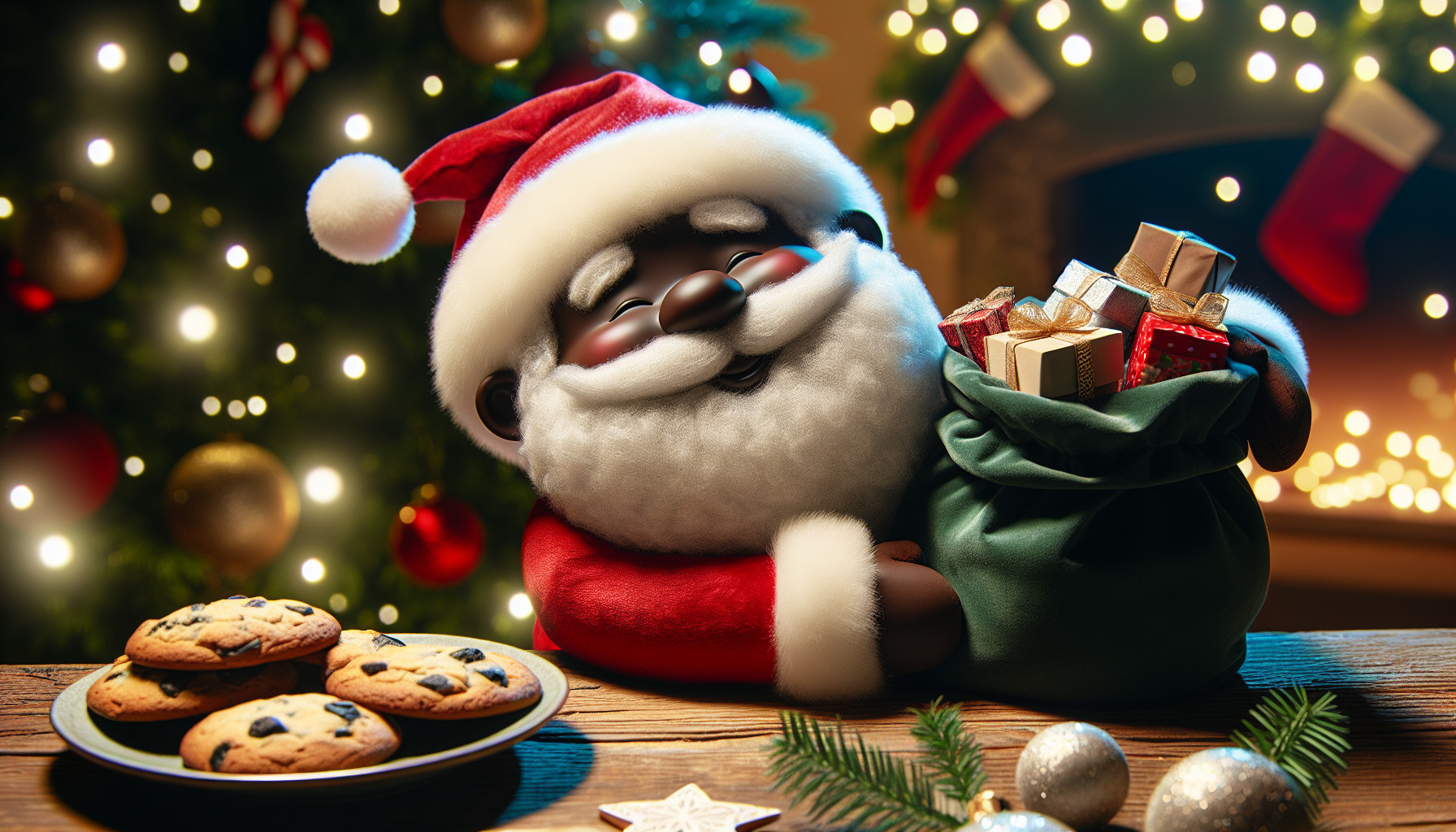 Create a black Santa eating cookies as he delivers presents.