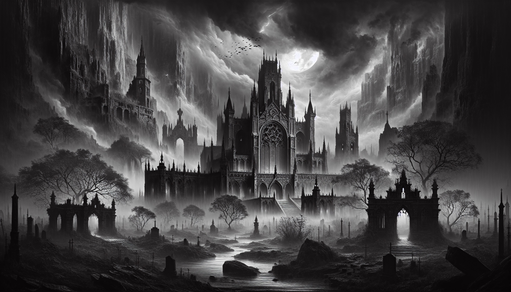 Crea un fondo o paisaje de un mundo gótico-medieval, estilo fantasia oscura basado en el videojuego Chaos Legion