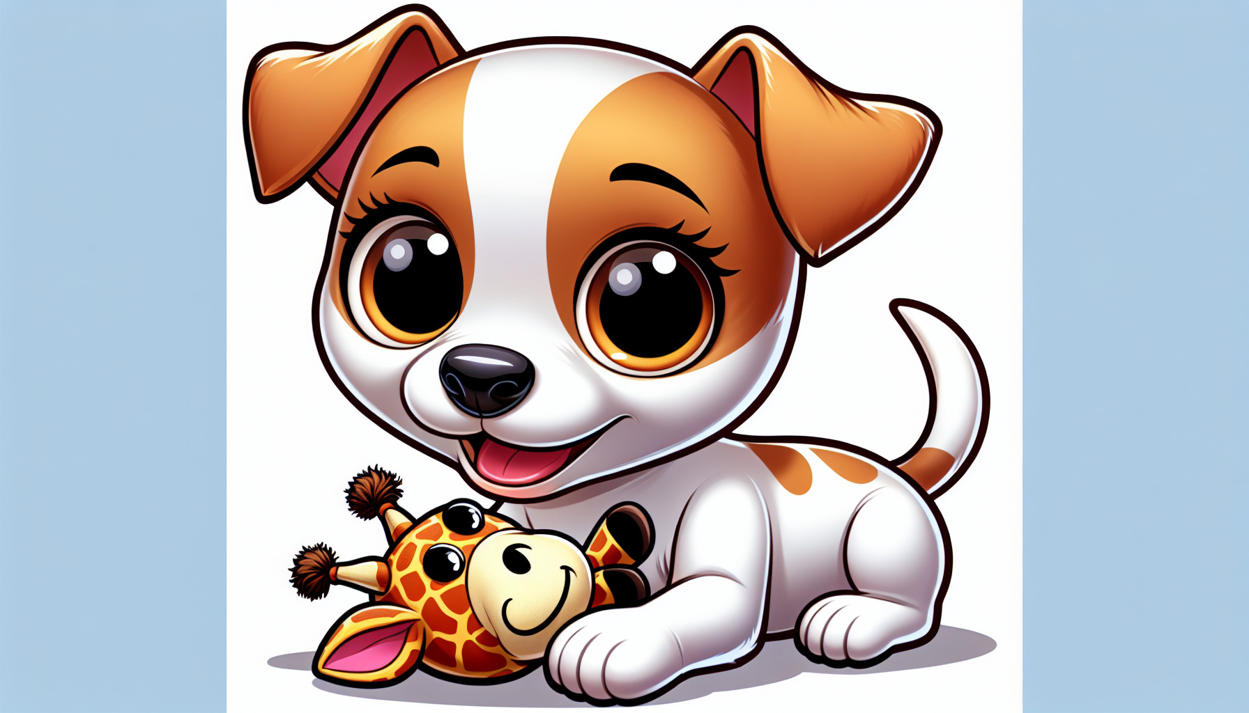a jack Russell puppy with markings around her eyes like a mask that are light brown and the rest of her body is pure white, hanging out with her stuffed giraffe toy