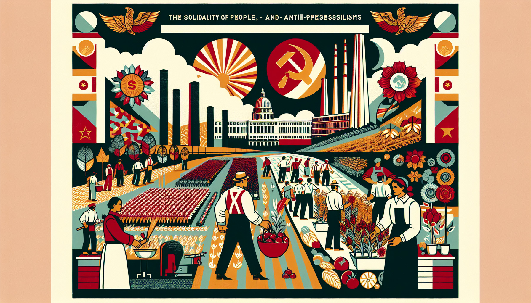 Create a communist and revolutionary wallpaper theme for me, inspired by Soviet, Chinese, and Cuban aesthetics, with a socialist and anti-oppressive, anti-colonial, and anti-American realism.