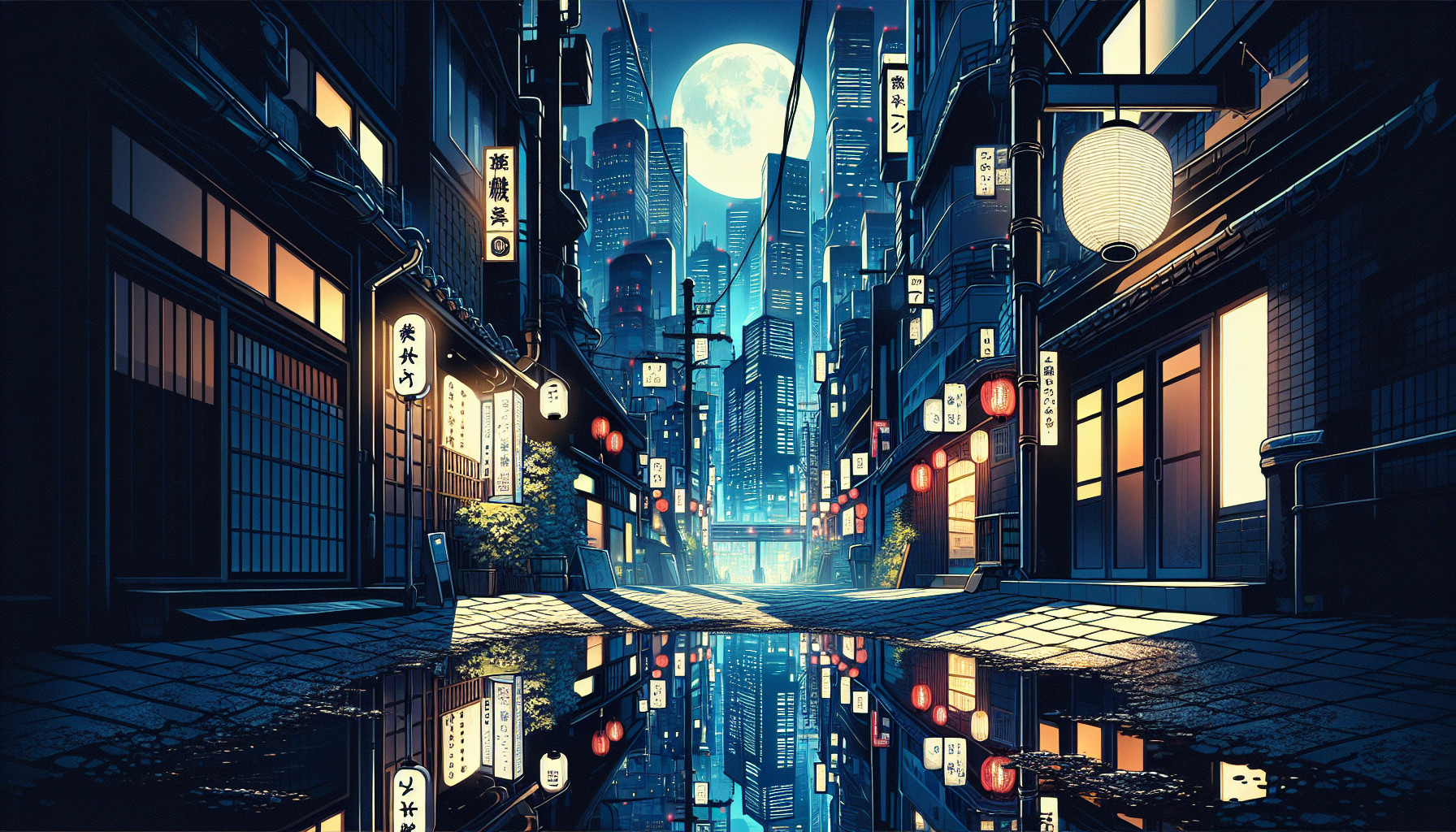 ein hintergund bild was an tokio goul erinnert.als soll nacht sein und der Mond soll sich in einer pfutze mitten in einer gasse spiegeln.es soll an tokio erinnern