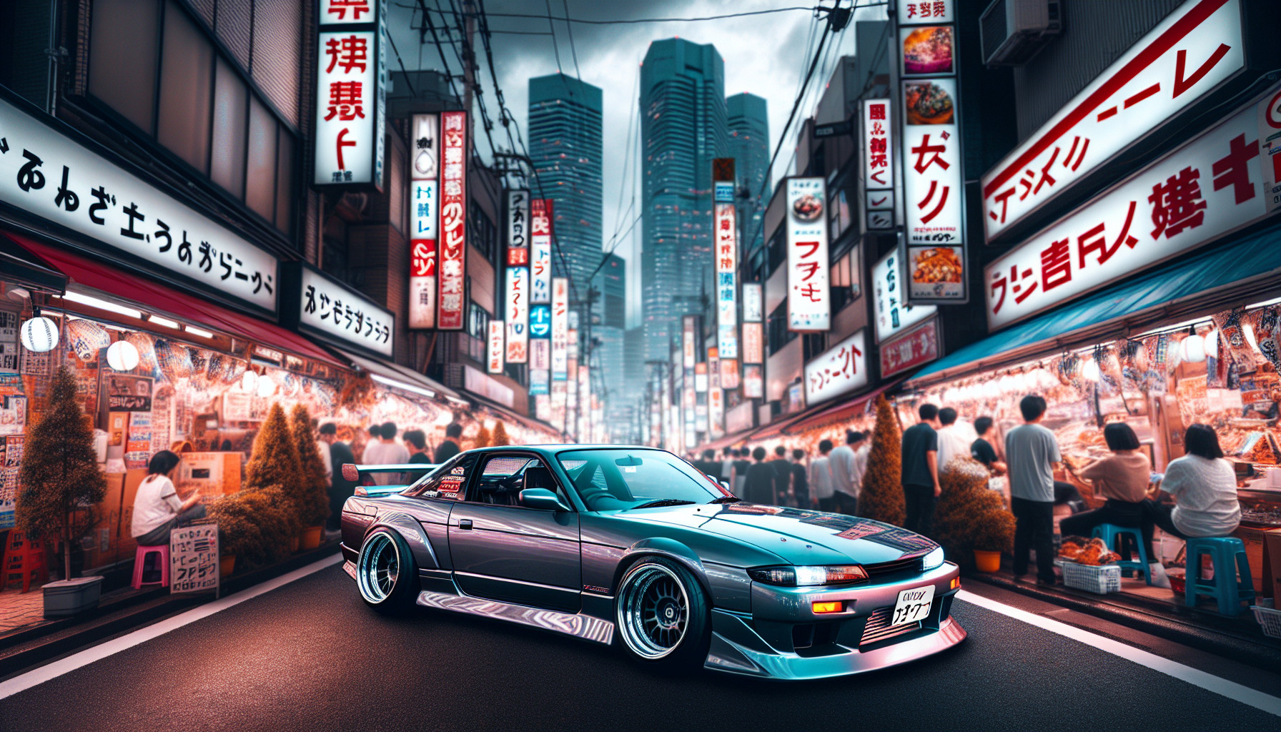 crea un nissan s14 tuneado en una cuidad japonesa con luces neon 