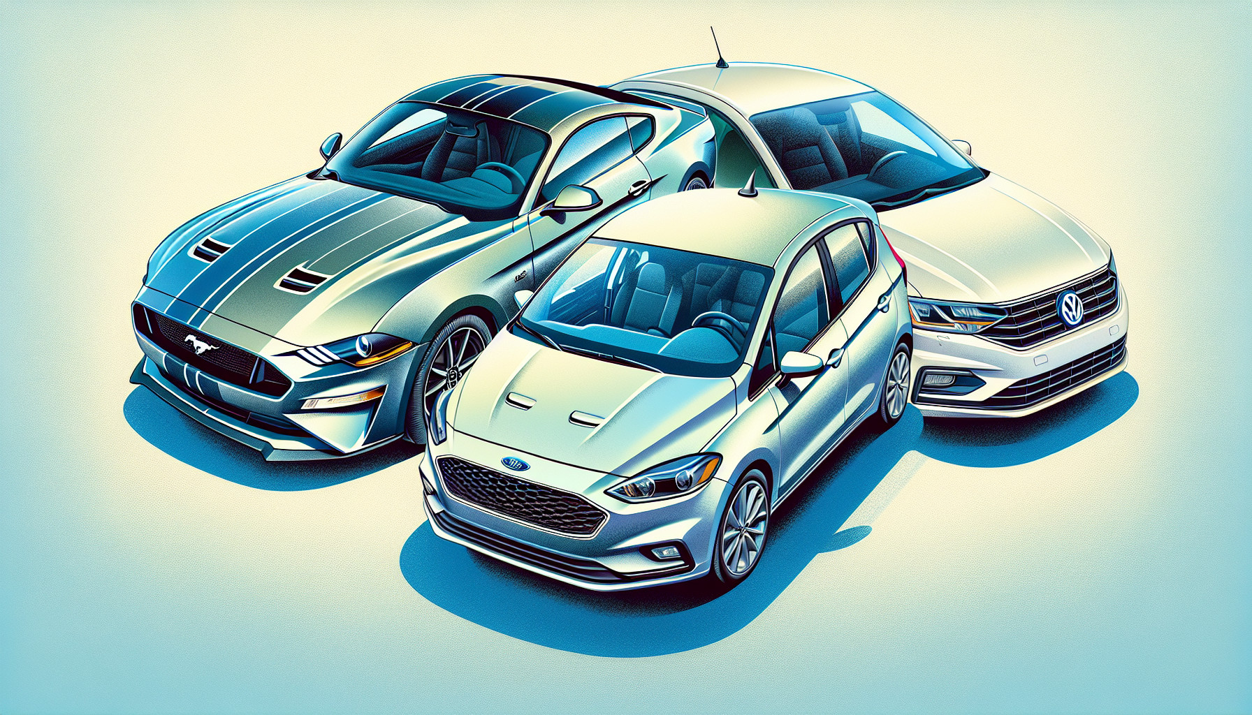 Ford Mustang 2015, ford fiesta 2009 and Volkswagen Jetta