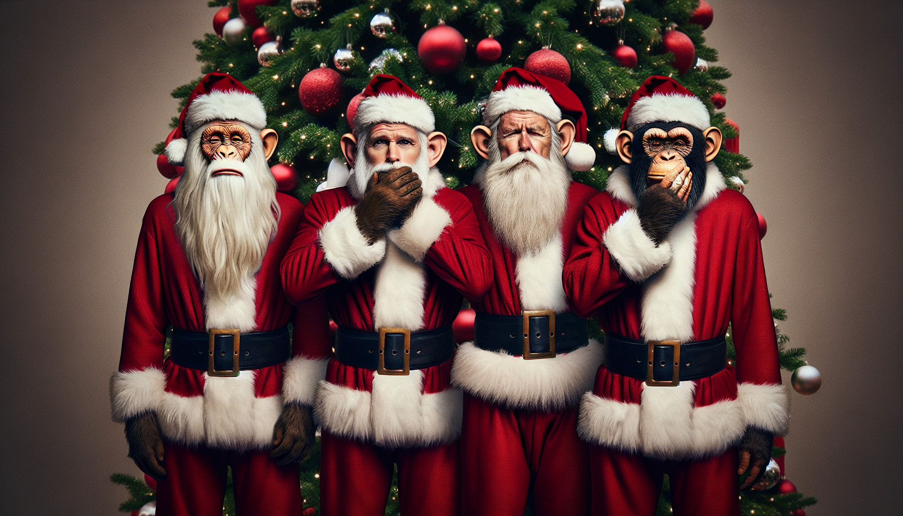 Die berühmten 3 Affen (nichts sehen, nichts hören, nichts sagen) als menschliche Weihnachtsmänner vor einem einzigen geschmückten Tannenbaum